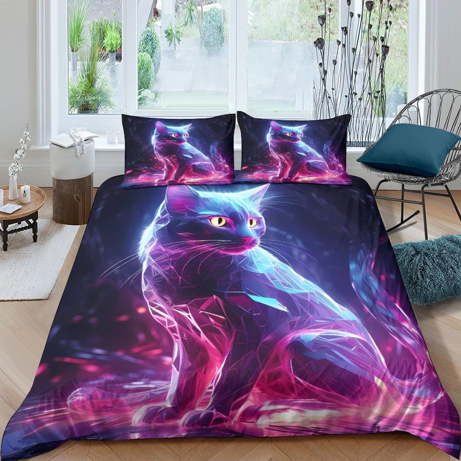 Ctjqhvkz Style-3 3D Printed Neon Cat Fitted Sheet Microfiber Soft Anti-Slip Cosmic Aura Mattress Cover For Bedroom Dorm Decor Single（135X200cm）