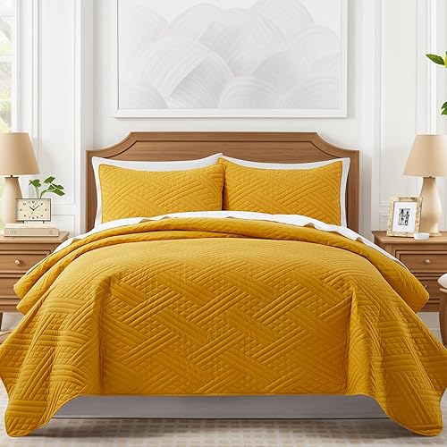Miniatura 2 de Lavsiry Edredón Queen Mostaza con patrón de rayas, juego de ropa de cama ligero de verano amarillo delgado, colcha y colcha de microfibra suave para