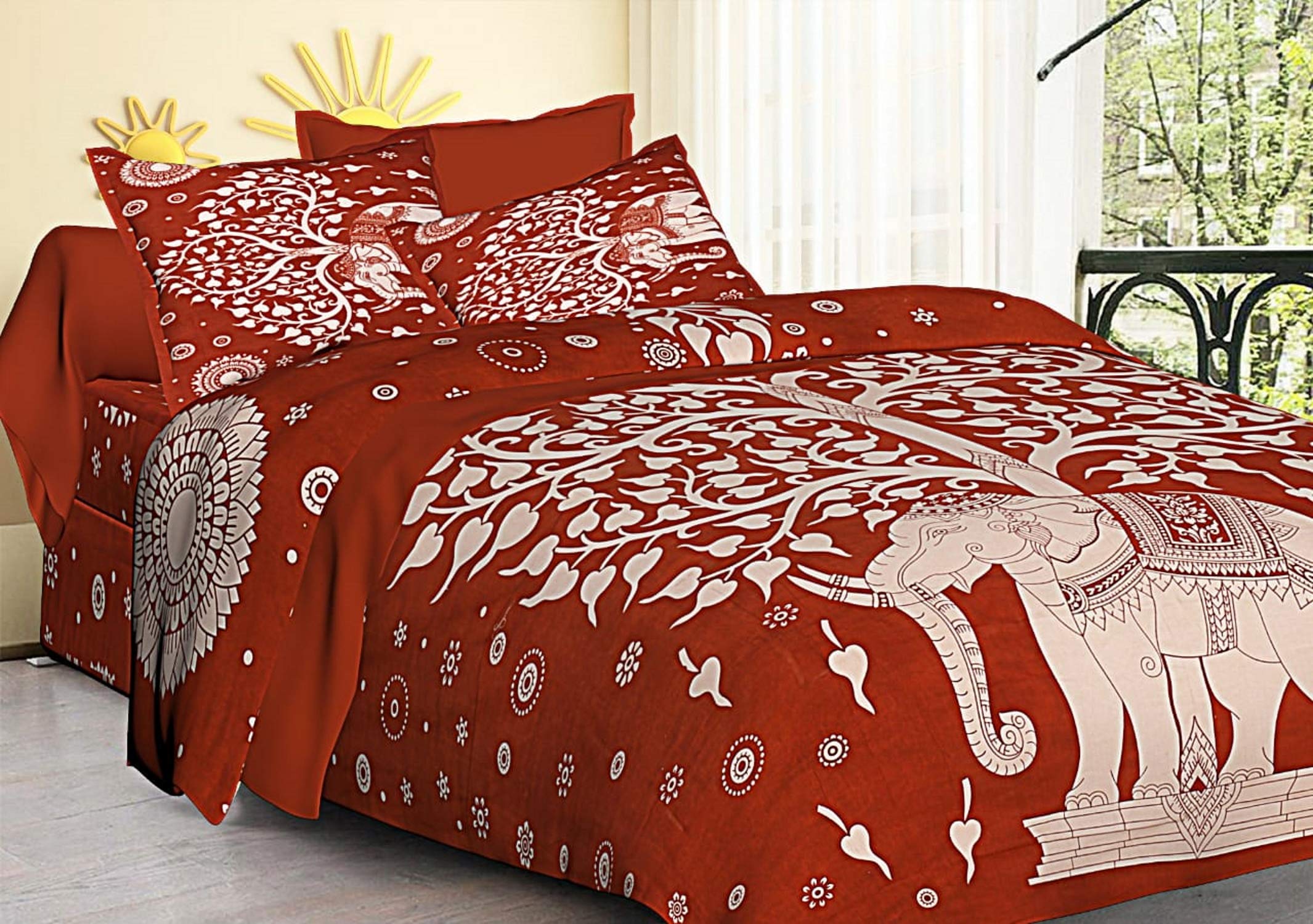 Drap de lit éléphant imprimé en coton de Jaipur 213x228 cm avec 2 taies d'oreiller