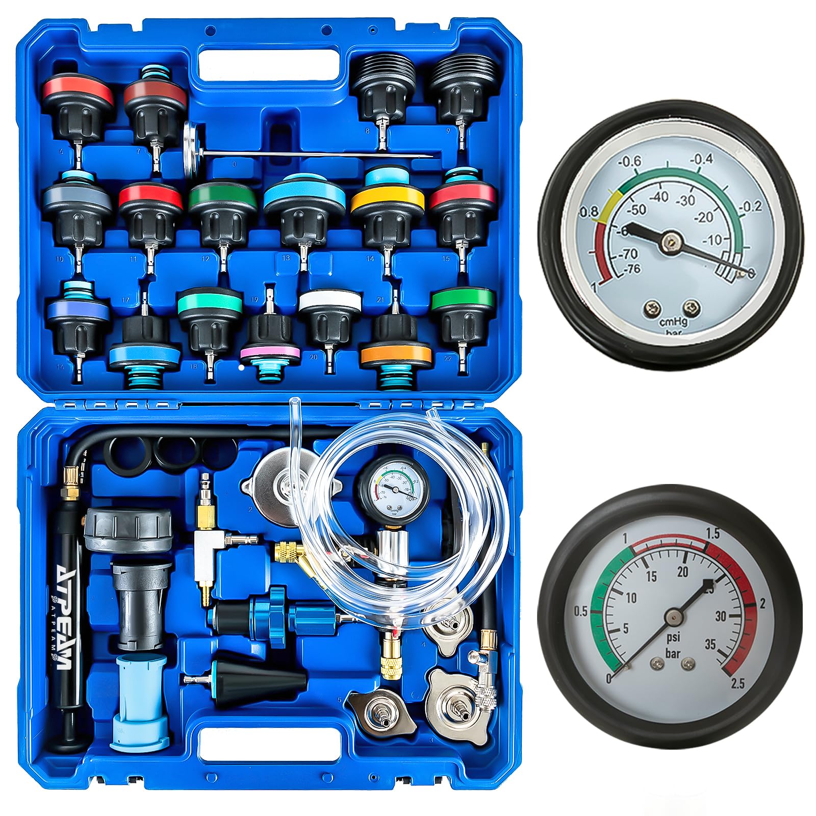 ATPEAM Kit de 34 Piezas para Radiador, Probador de Presión y Sistema de Enfriamiento Universal, Herramienta de Diagnóstico para Fugas en Radiadores y Sistemas de Refrigeración de Vehículos