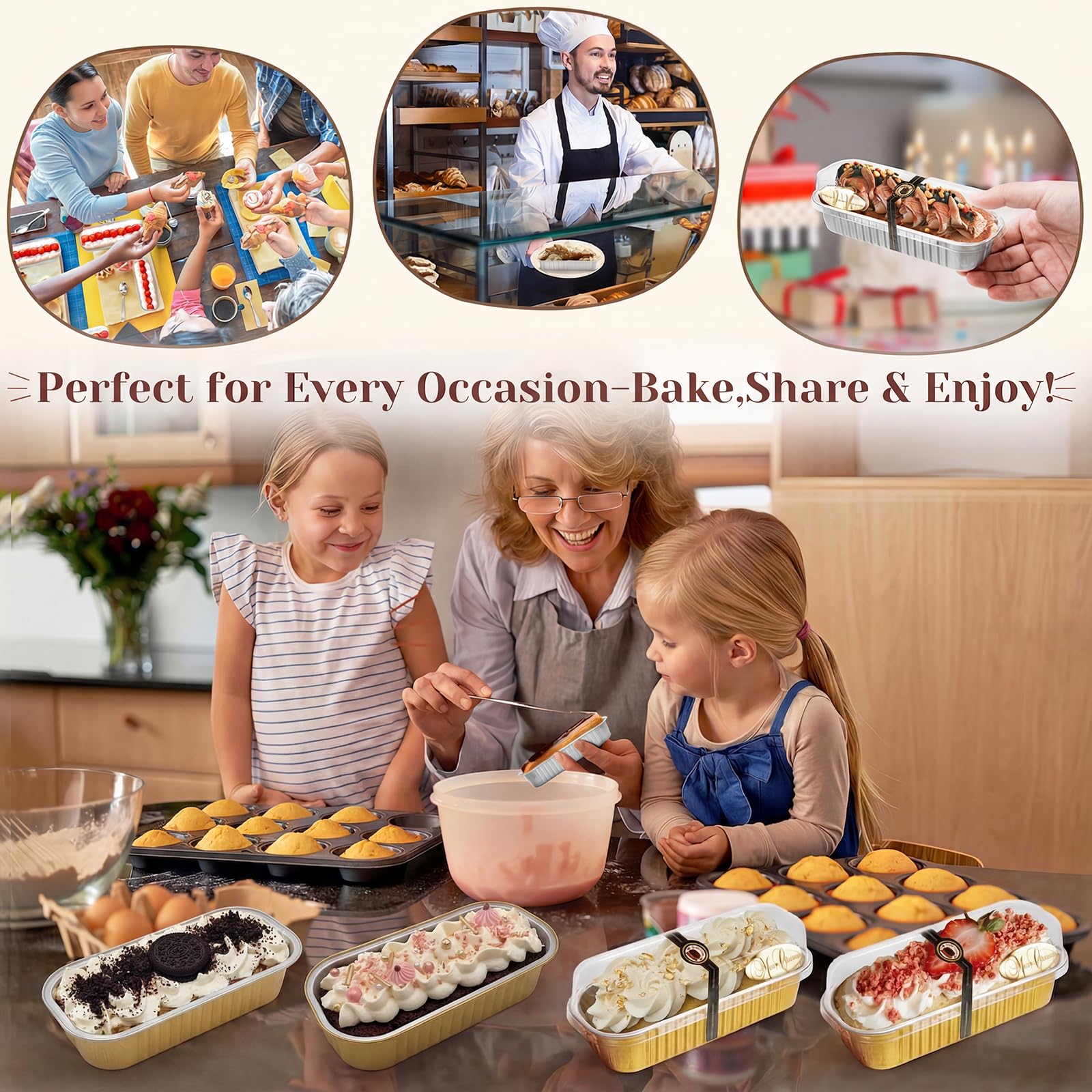 YQER Paquete de 100 mini moldes para pan con tapas y cucharas adhesivas de sellado, mini moldes para pasteles de 6.7 onzas para hornear, moldes desechables de papel de aluminio, moldes para hornear