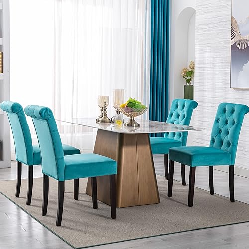 Miniatura 10 de Juego de 2 sillas de comedor de terciopelo tapizadas, modernas sillas decorativas copetudas, sillas laterales Parsons de madera para el hogar,