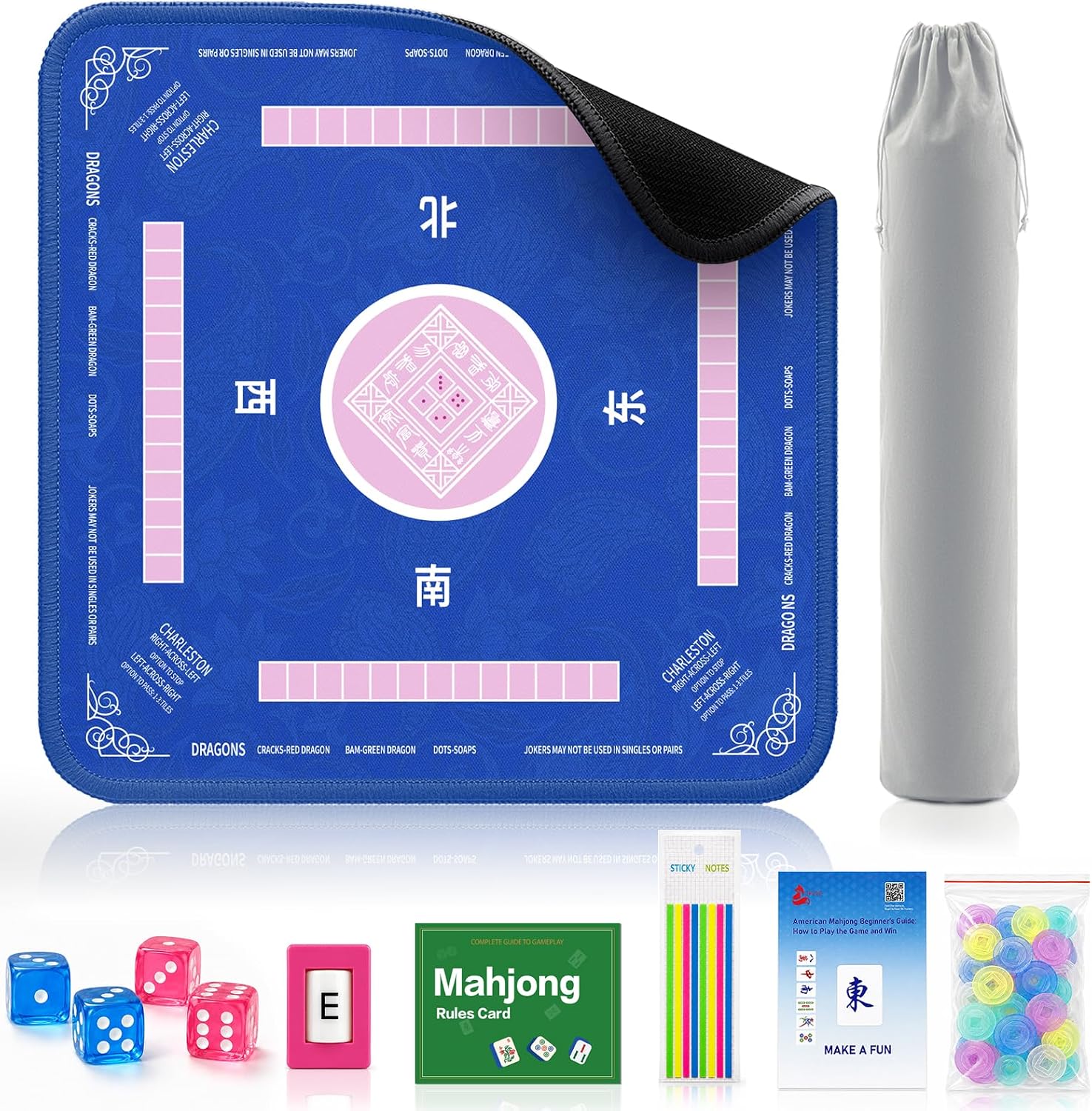 2F22E American Mahjong Mat Set, 32.4”x32.4” Non-Slip Waterproof Mahjong Table Mat with Storage Bag, Dice, Wind Marker, Rules Cards & Scoring Chips, Noise Reducing Travel Mahjong Accessories