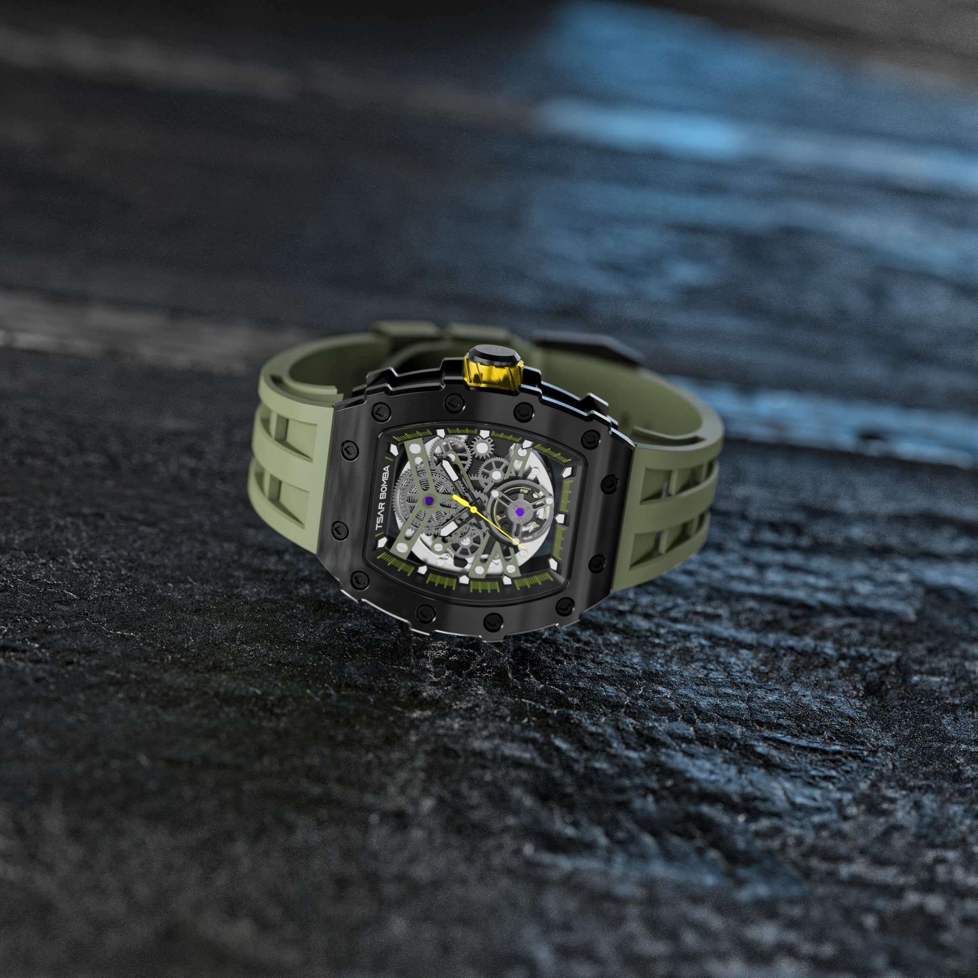 TSAR BOMBA Lujo Reloj Hombre Silicona Tonneau Automático Japonés Relojes de Pulsera para Hombre Esqueleto 50M Impermeable Cristal de Zafiro Luminoso Clásico Regalo para Hombres