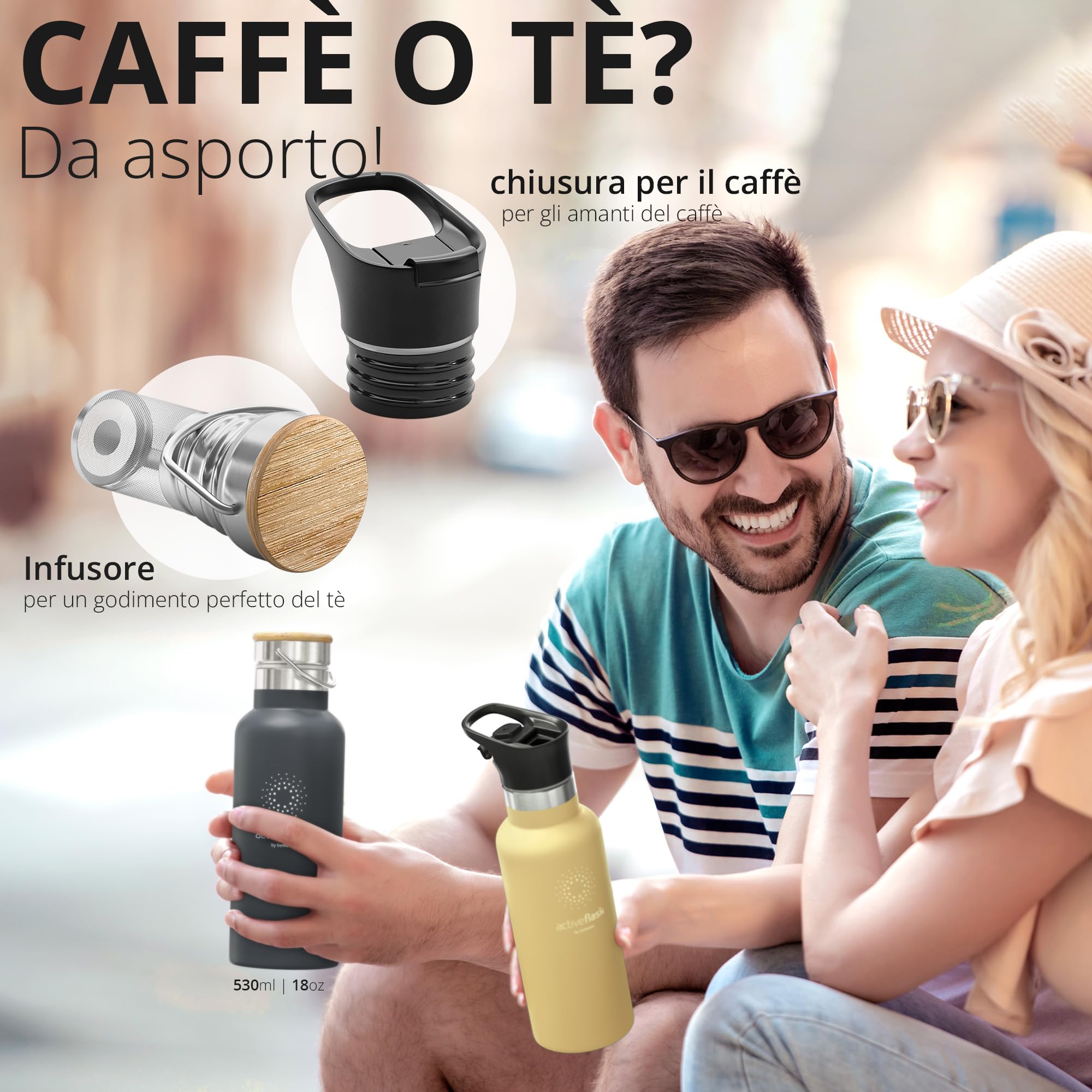 Bottiglia Acqua Termica INOX ACTIVE FLASK + Cannuccia (3 Tappi), Senza BPA - Thermos 1l/500ml | Borraccia Isotermica Acciaio - Caldo/Freddo, Ufficio Outdoor Sport Bicicletta viaggio fitness, Caffe Te