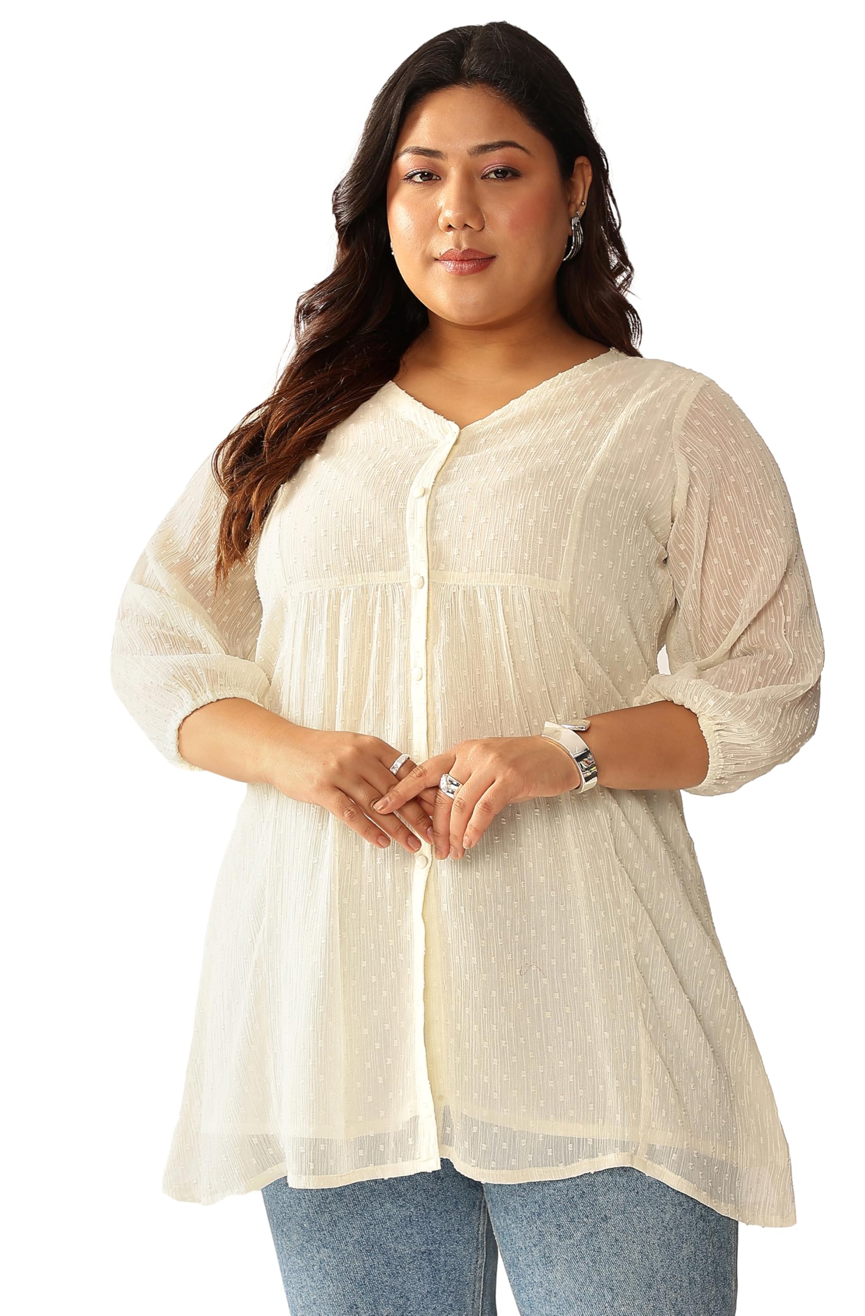 janasya Women's Plus Size Off White Dobby Chiffon Self Design A-line Tunic-picture-19
