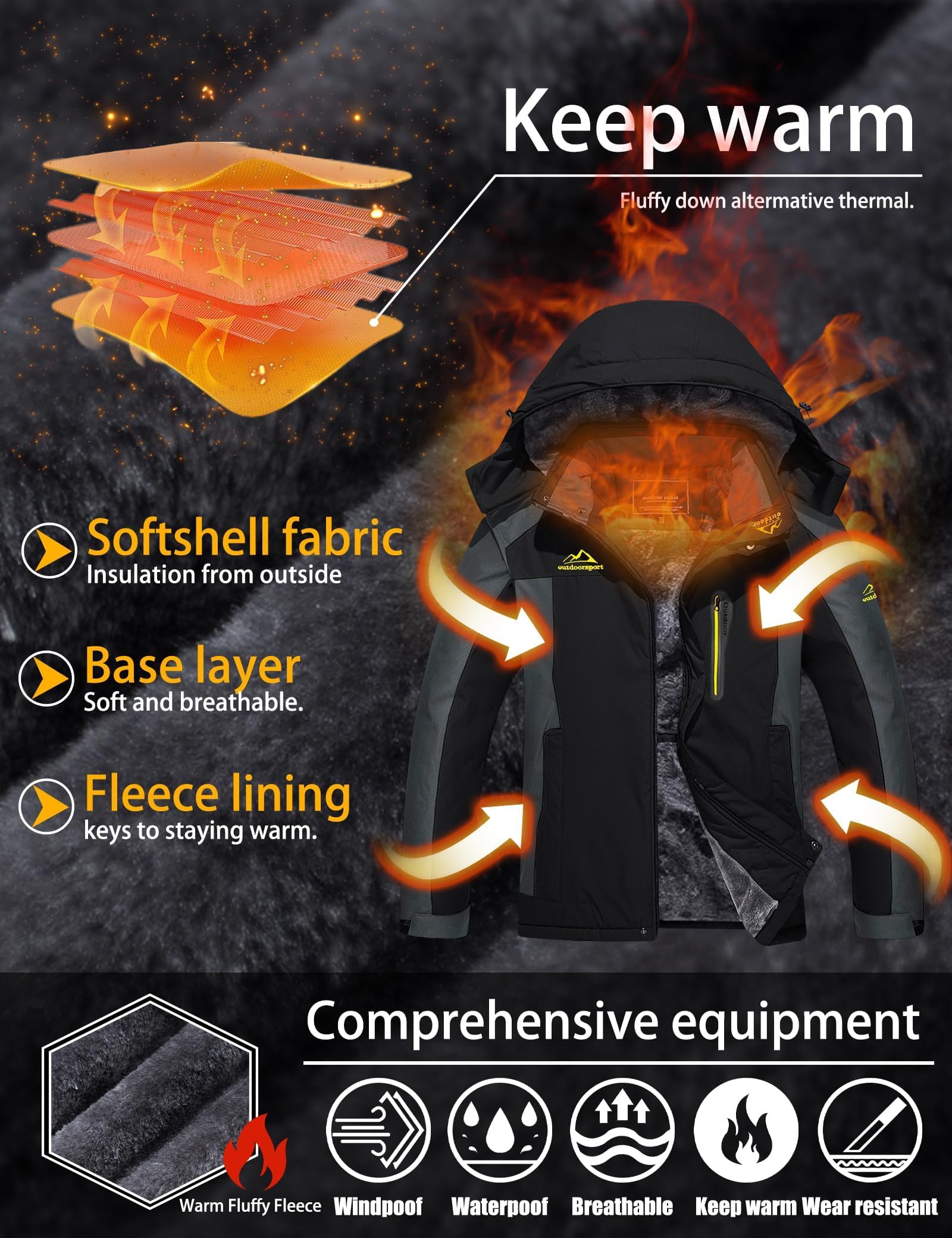 TACVASEN Chaqueta de Senderismo Impermeable para Hombre Cálida Chaqueta de Lana Chaqueta de Esquí al Aire Libre Chaqueta con Capucha