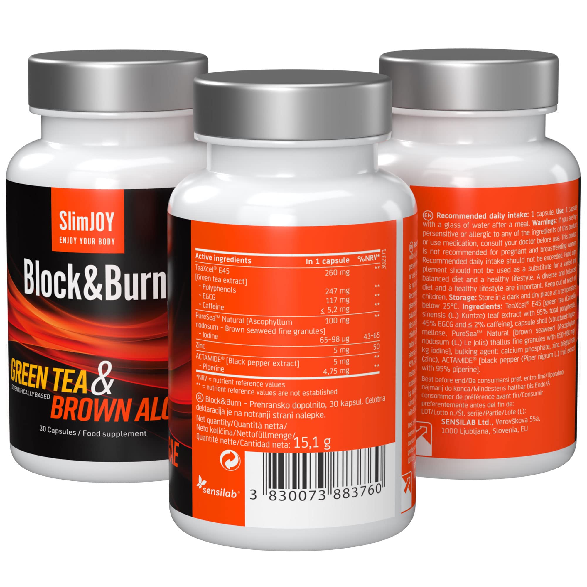 Sensilab Slimmium Block&Burn Kapseln zur Fettverbrennung - Grüner Tee, Braunalgen, Jod, Zink und Piperin - Doppelte Fettverbrennende Wirkung - 90 Kapseln für 90 Tage