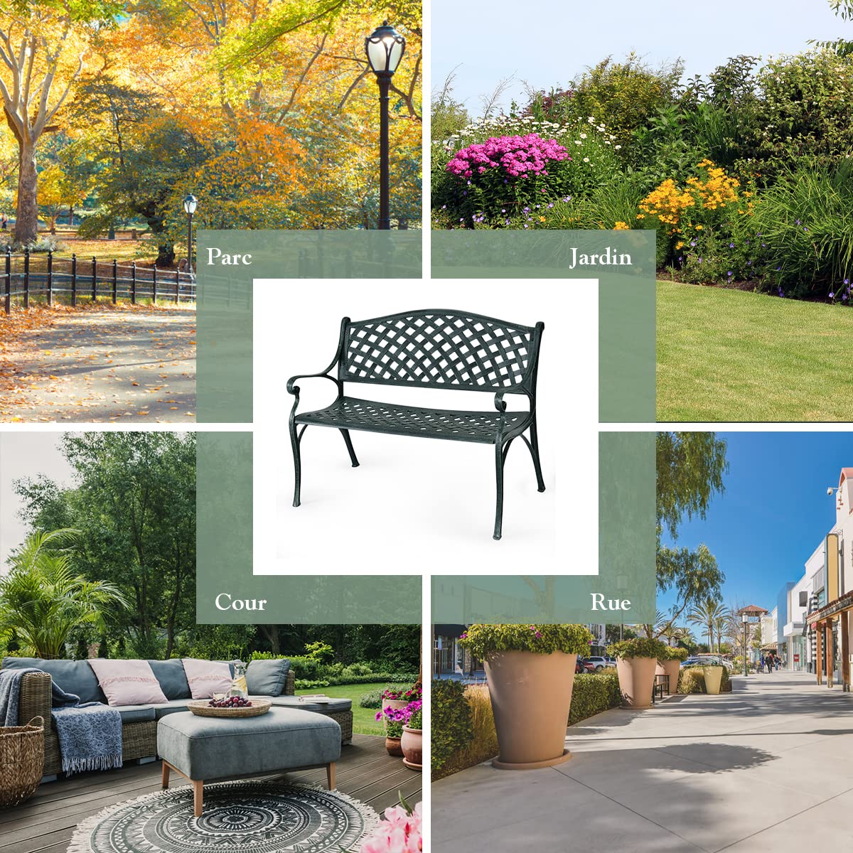 COSTWAY Banc de Jardin en Fonte d'Aluminium, Banc 2-3 Places avec Accoudoirs, Dossier et Design Ajouré, Charge Max 280KG, 103x64x83cm, pour Terrasse/Cour/Balcon/Pelouse/Parc