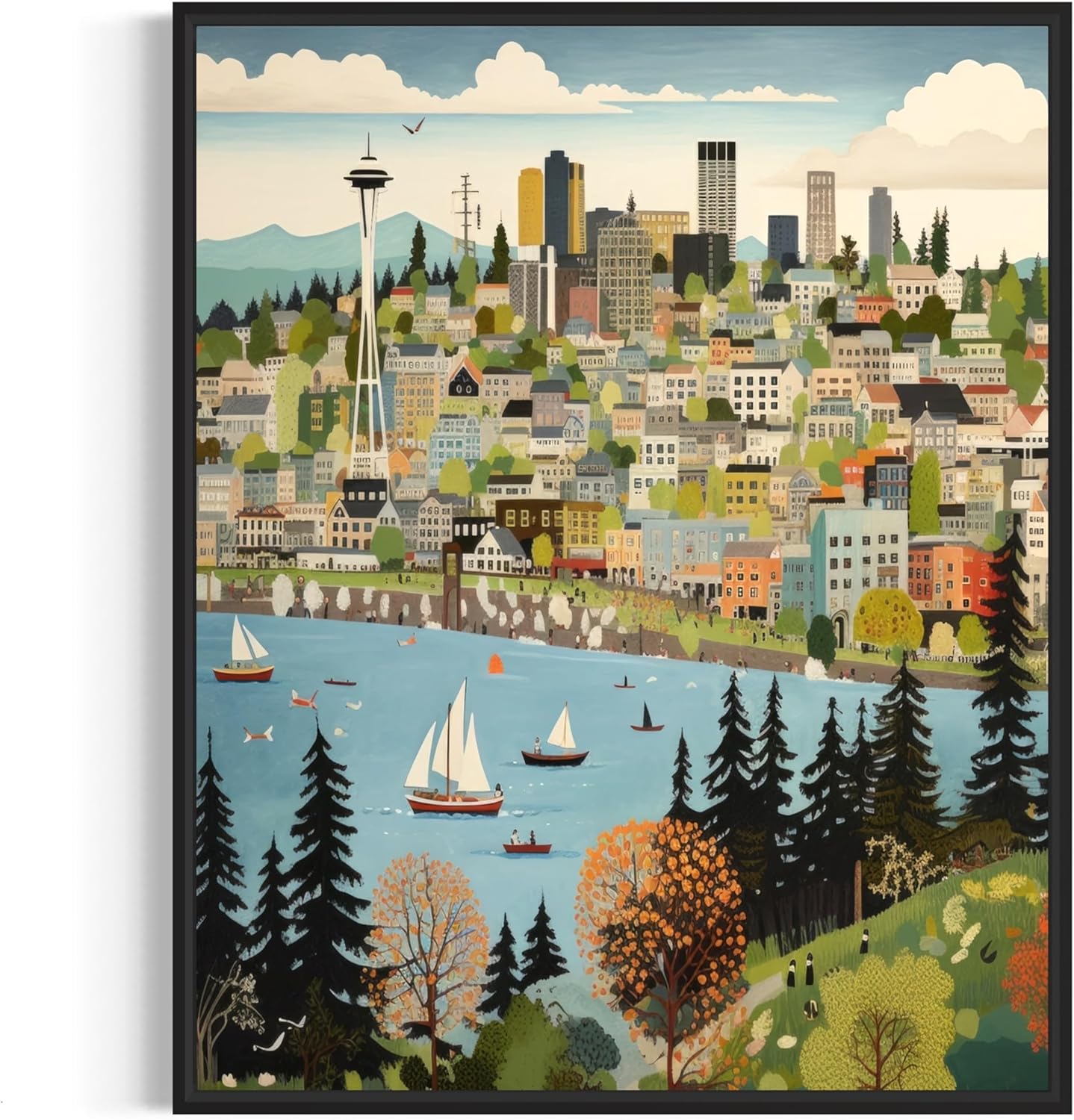 Raleigh North Carolina Poster Art Print, City Skyline American Folk Art, Naive Artwork PIcture Painting Decor for Bedroom, Bathroom, Living room. (Raleigh North Carolina, 24x36 inches (Unframed))