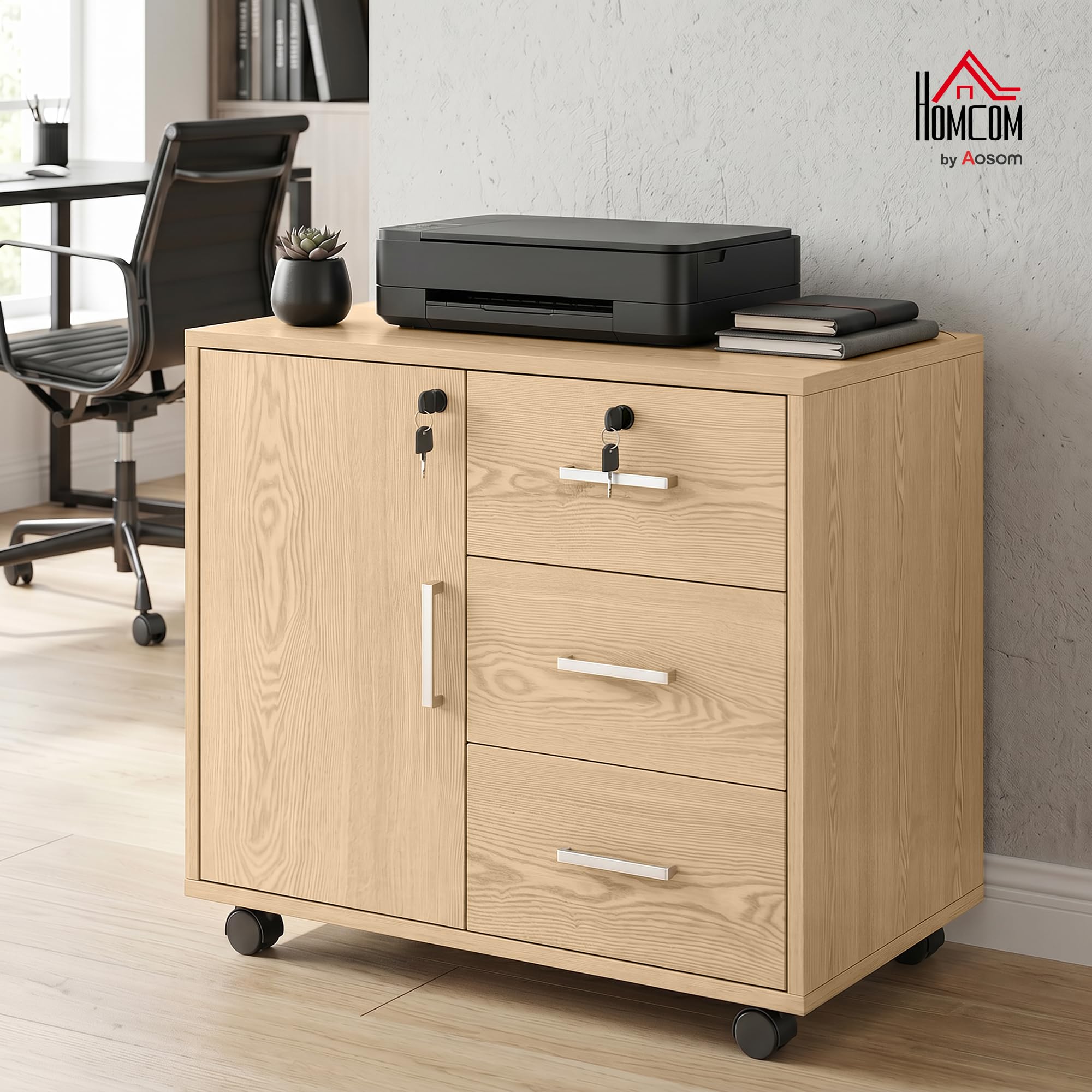 HOMCOM Cassettiera da scrivania con 3 cassetti, 40 x 60 x 56 cm, colore: Marrone | Armadietto portaoggetti regolabile per ufficio, ruote