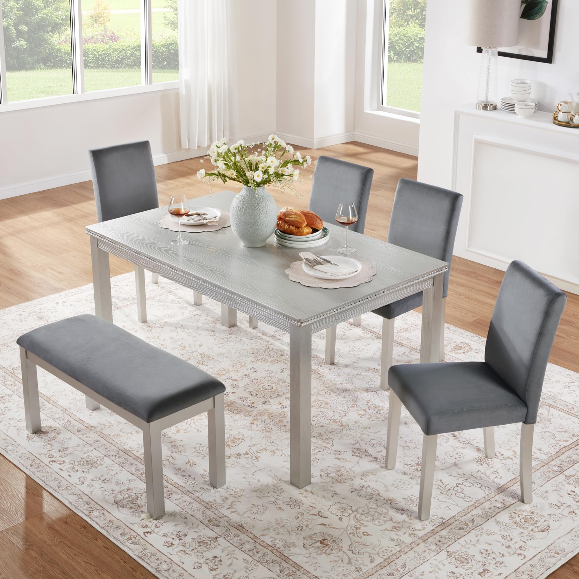 KEIKI 6-Piece Standard Height Dining Table Set with Rectangular Table, 4 Upholstered Chair, Bench, for 6 Person, Crystal Decoration Table Set, Easy Assembly, for Kitchen, Dining Room, Silver Grey