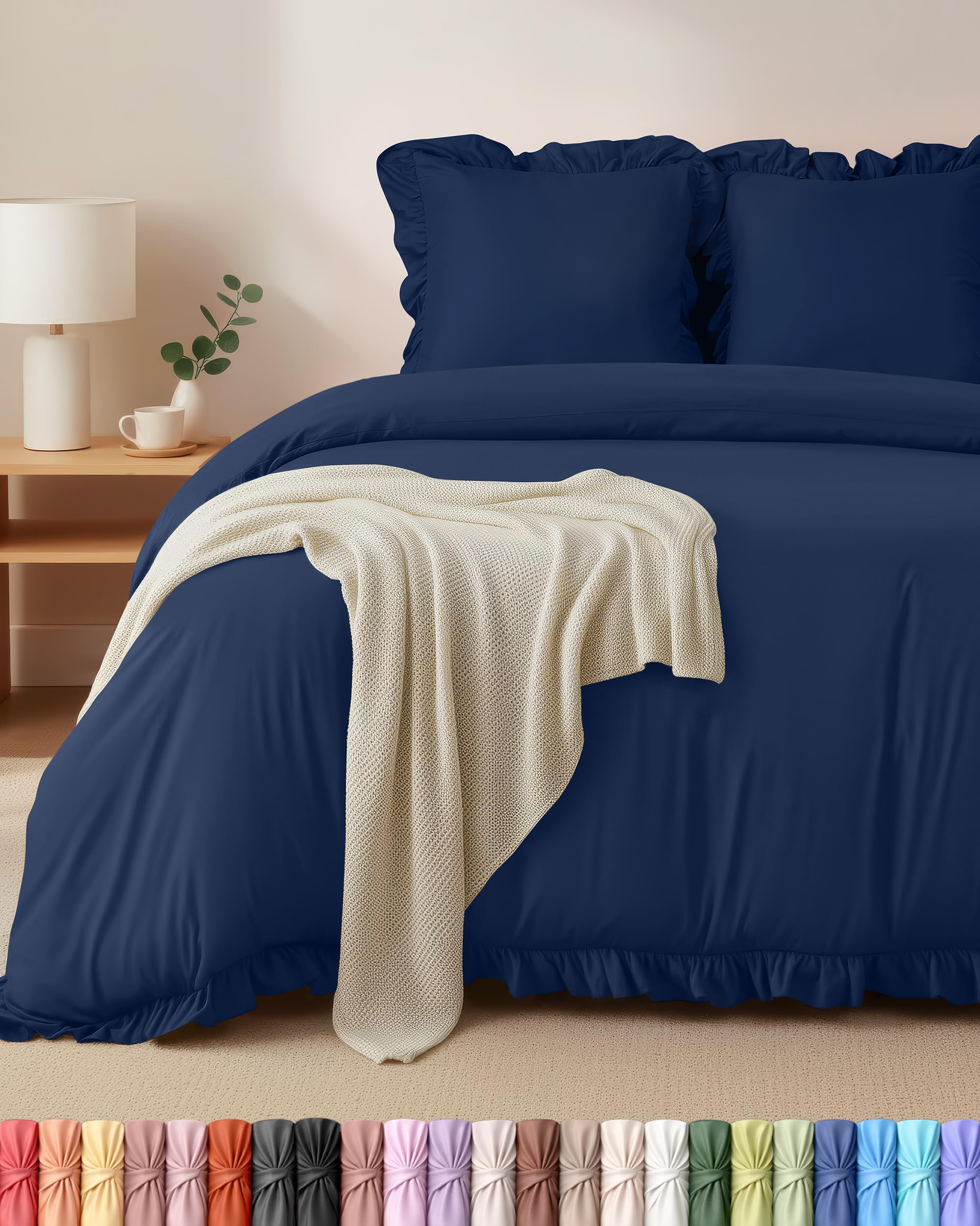 Utopia Bedding Ruffle Bedding 200x200 Set - Microfiber Duvet Cover 200x200 cm + 2 Pillowcases 80x80 cm - Navy Blue