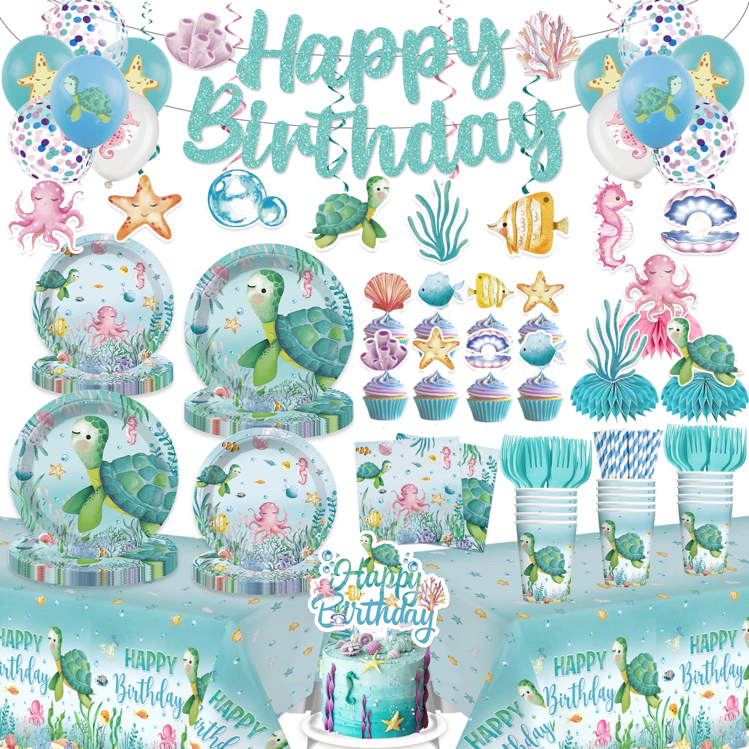 cocomigo 201 Pieces Ocean Party Decorations, All-in-One Sea Turtle Birthday Party Pack, Includes Banner, Plates, Tablecloth, Cake Toppers, Balloons,