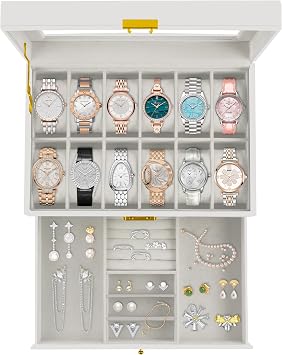 Ogrmar 12 Slot PU Leather Lockable Watch Storage Box for Men & Women White | Watch Cases for Men & Women Jewelry Display Drawer Case, 2-tier Organizer Watch Showcase with Glass Lid