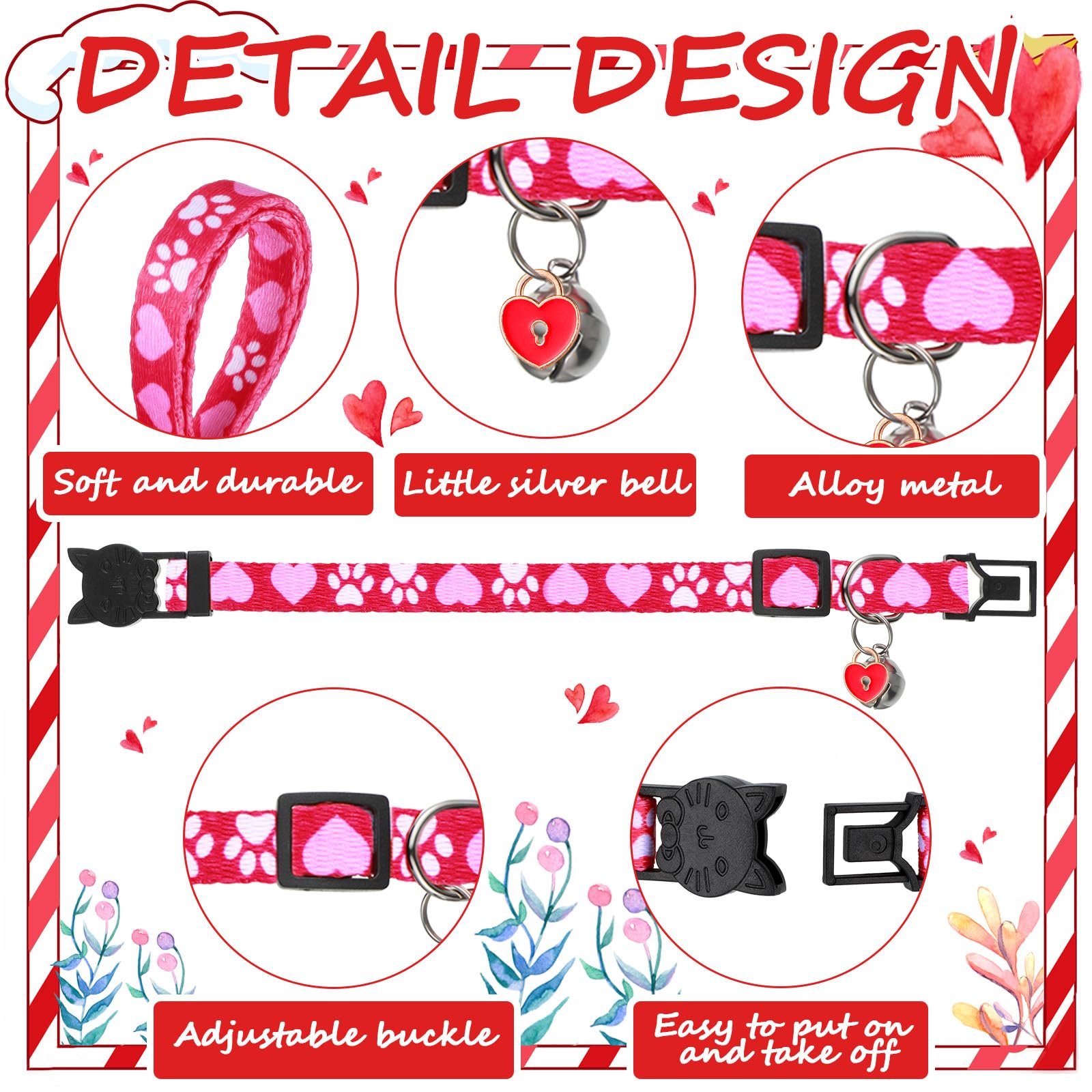 Huhumy 8 collares de gato de San Valentín ajustables con campana collares de gato con hebilla de plástico regalo para gatitos, mascotas, cachorros y perros