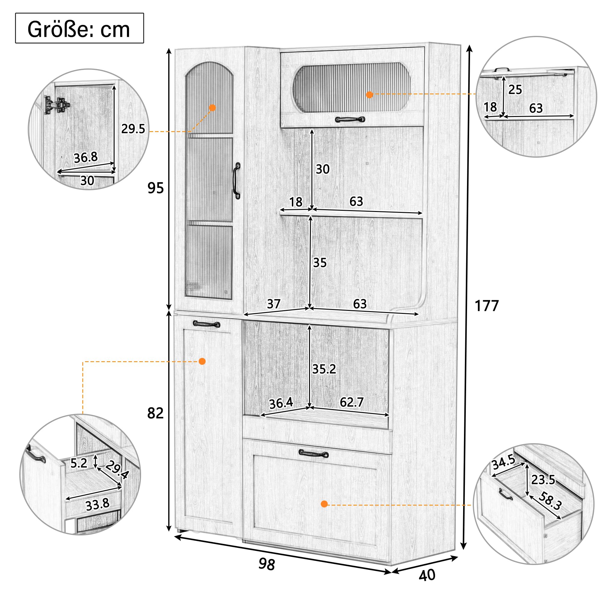 Mobile alto con ripiani regolabili e cassetti, mobile da cucina con ripiani estraibili e vetro scanalato, ideale per sala da pranzo, soggiorno e cucina, colore naturale