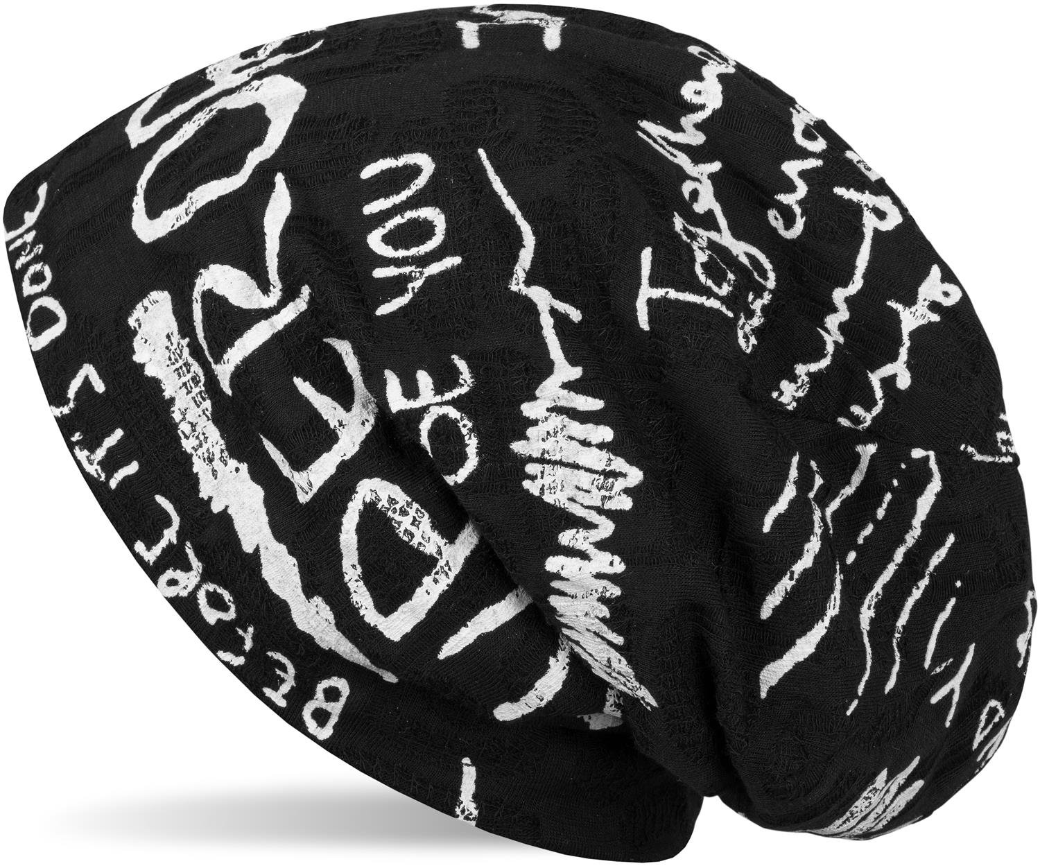 styleBREAKER Beanie Hat with Lettered Pattern and Destroyed Vintage Design, Slouch Longbeanie, Unisex 04024074, Colour:Black