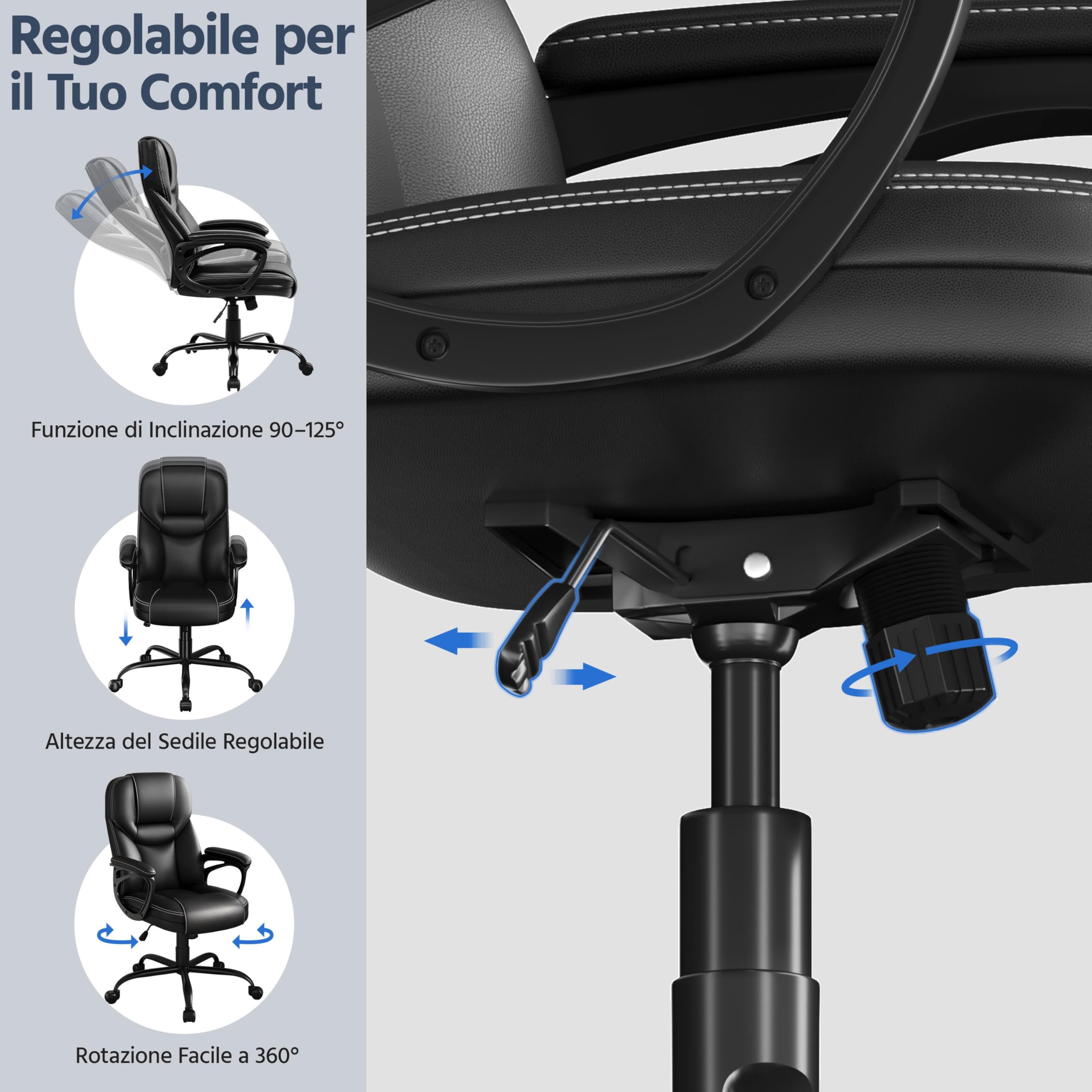 Yaheetech Sedia/Poltrona Ufficio Presidenziale Ergonomica in Finta Pelle Imbottita Sedia da Scrivania a Rotelle Girevole Reclinabile a Dondolo Altezza Regolbile Nera