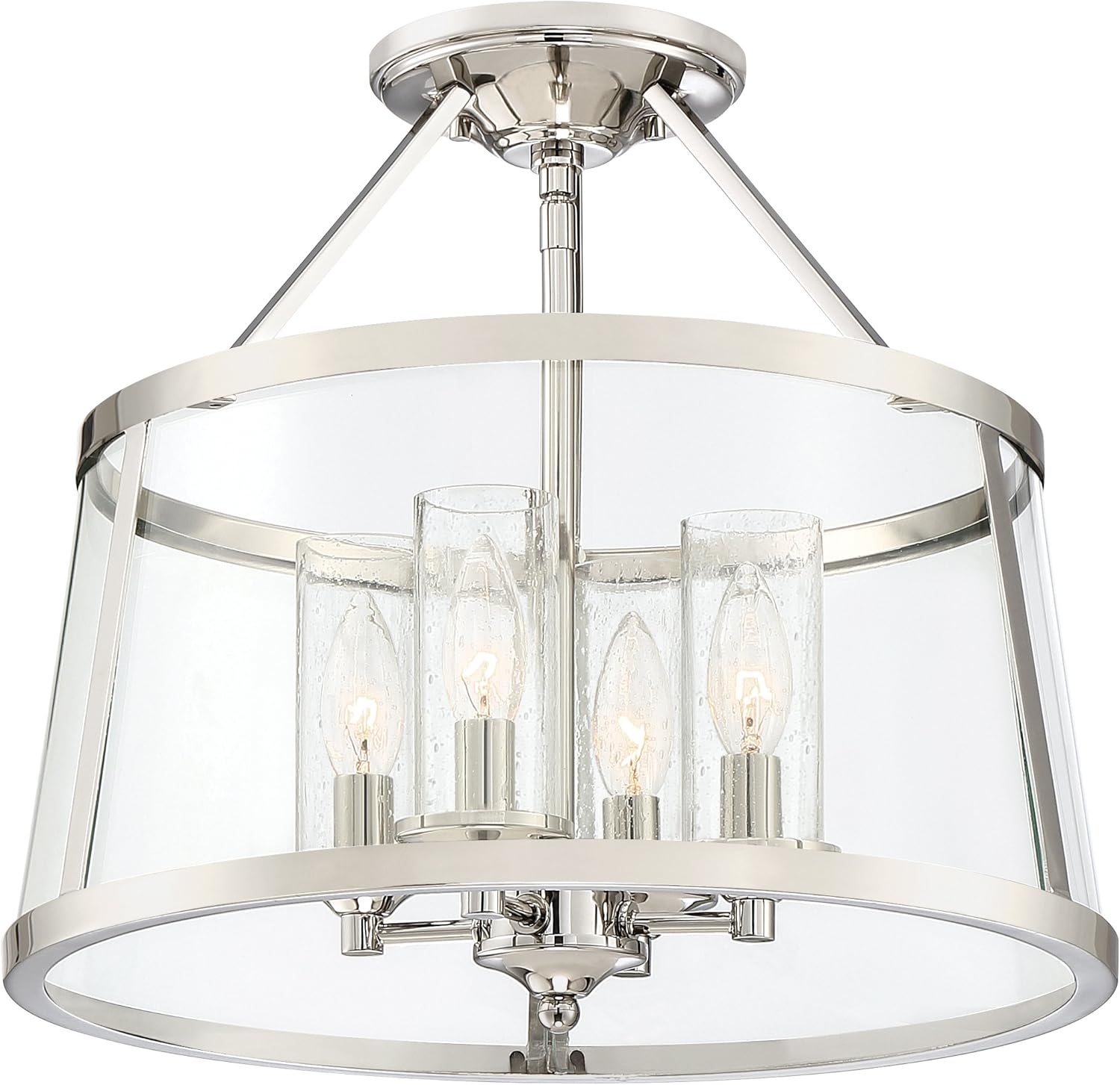 Quoizel Barlow Semi-Flush Mount Ceiling Light Fixture, 16 Inch 4-Light Polished Nickel Hanging Light, Dual Glass Shades, Drum Light for Hallway, Bedroom, Dining, Living Room, Farmhouse or Office