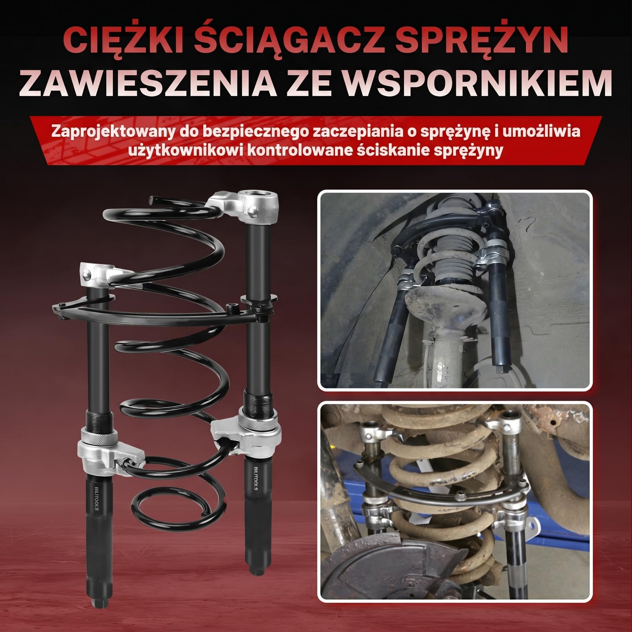 BILITOOLS Ściągacz do sprężyny amortyzatorów | 2-częściowy Wzmocniony Zestaw do Kolumn MacPhersona z Bezpiecznymi Szczękami i Uchwytem | Maks. Obciążenie 1200 kg