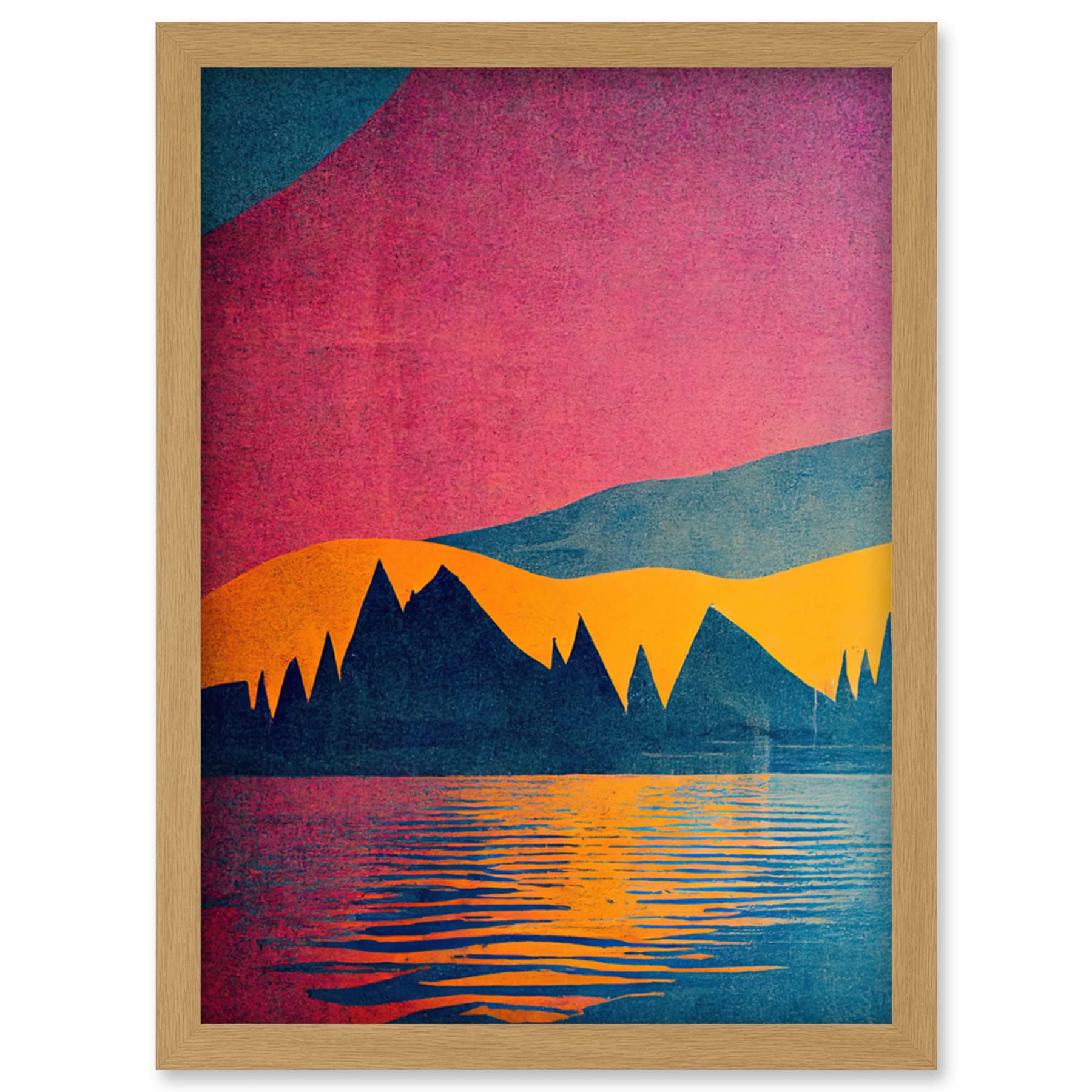 Wee Blue Coo Sunset at Lakeside Modern Colourful Pop Art Design Artwork Framed Wall Art Print A4