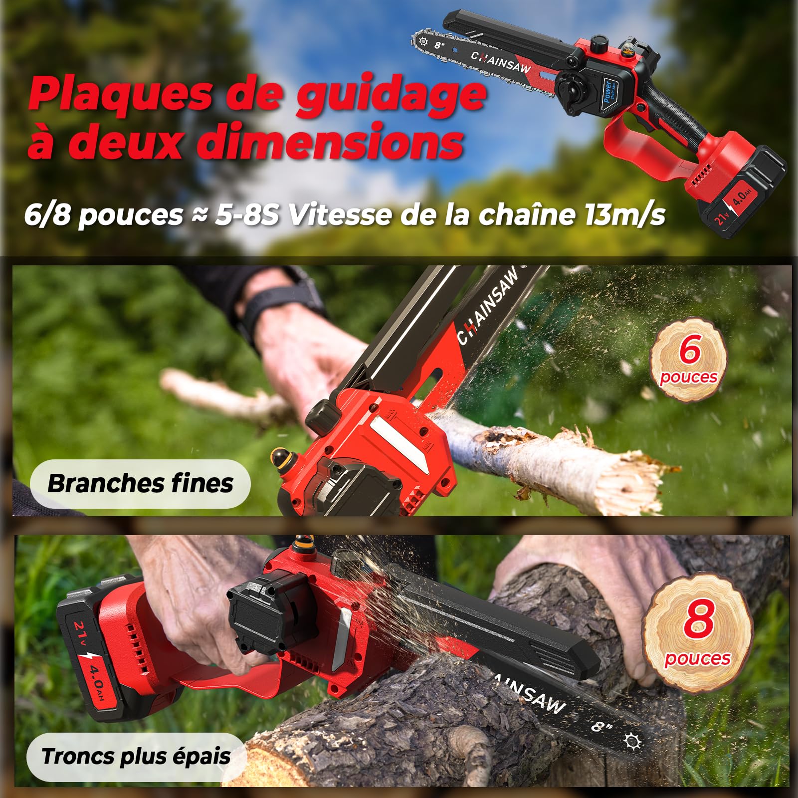 Mini Tronçonneuse à Batterie 6 et 8 Pouces, 1300W Brushless Tronconneuse Electrique Sans Fil pour Jardin, 8000mAh Tronçonneuse Elagueuse sur Batterie, D'huile Automatique, Compatible avec Makita 18V