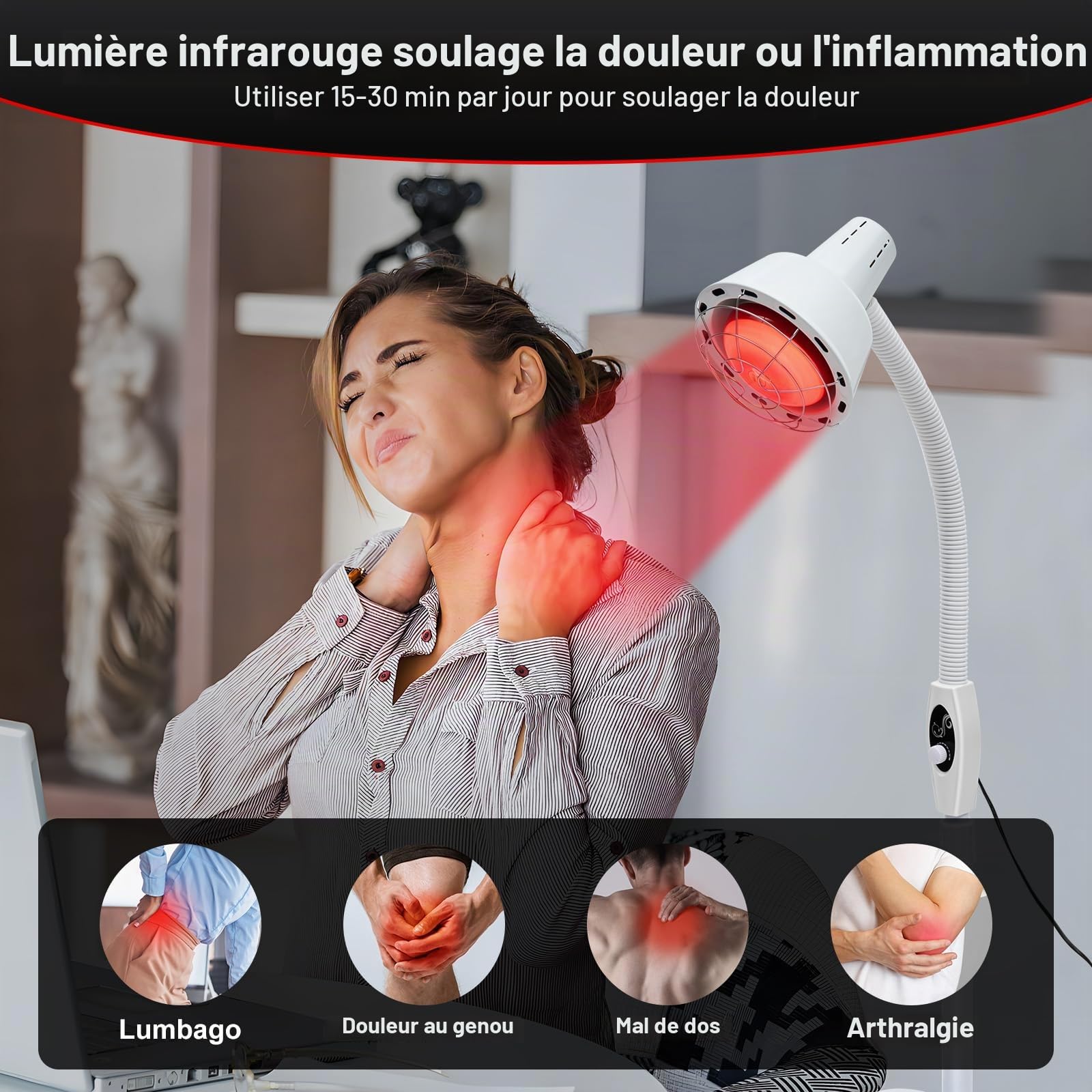 275W Lampe Infrarouge Lampe Chauffante 360° Lampe à Infrarouge sur Pied pour Soulager Les Douleurs Musculaires ou Les Rhumes, Température réglable