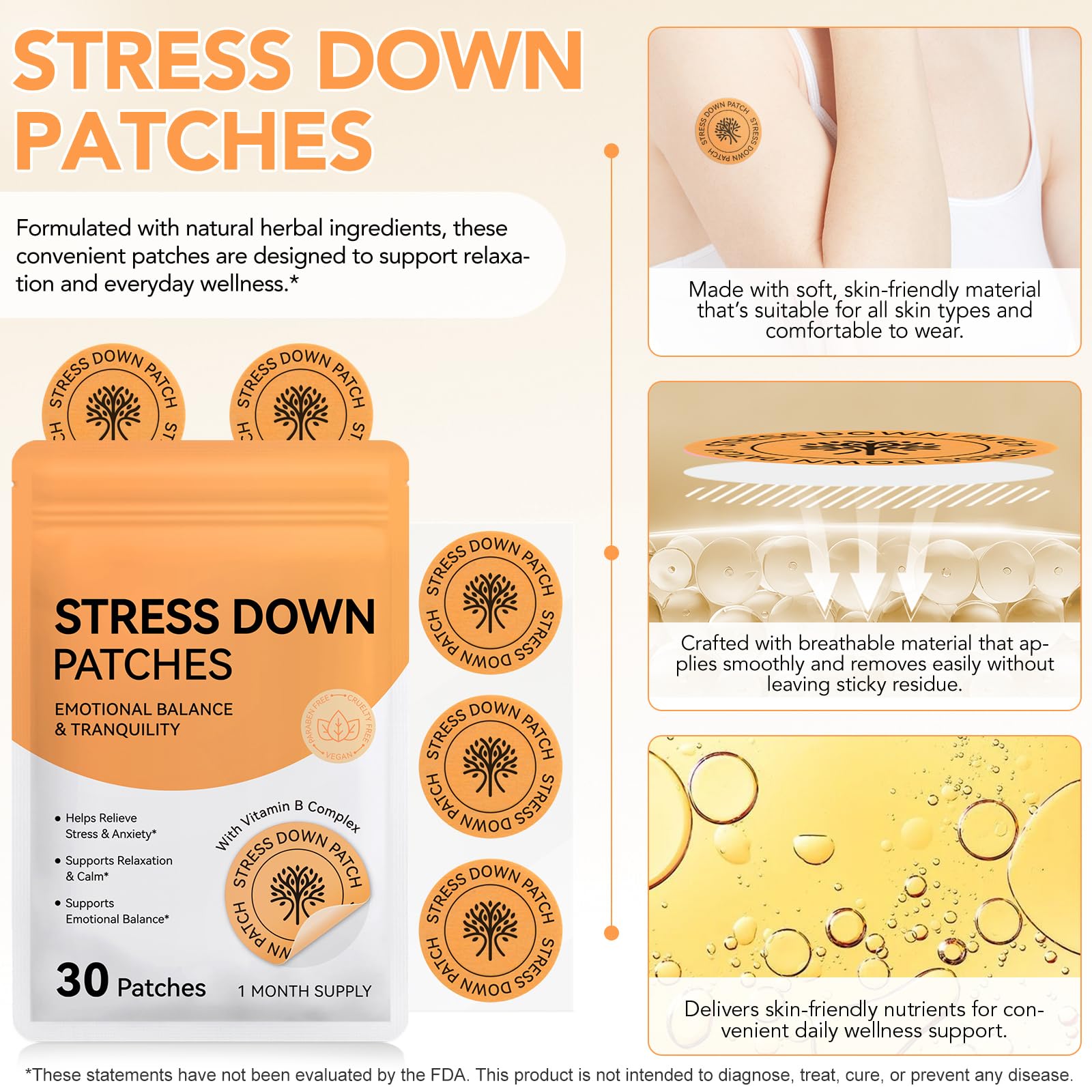 Stress Down Patches | Support Du Stress Et De L'Anxiété | Formule Botanique À Base De Plantes, Autocollants Calmants D'Humeur, Patch De Soulagement De L'Anxiété Pour Hommes Et Femmes | 30 Patches