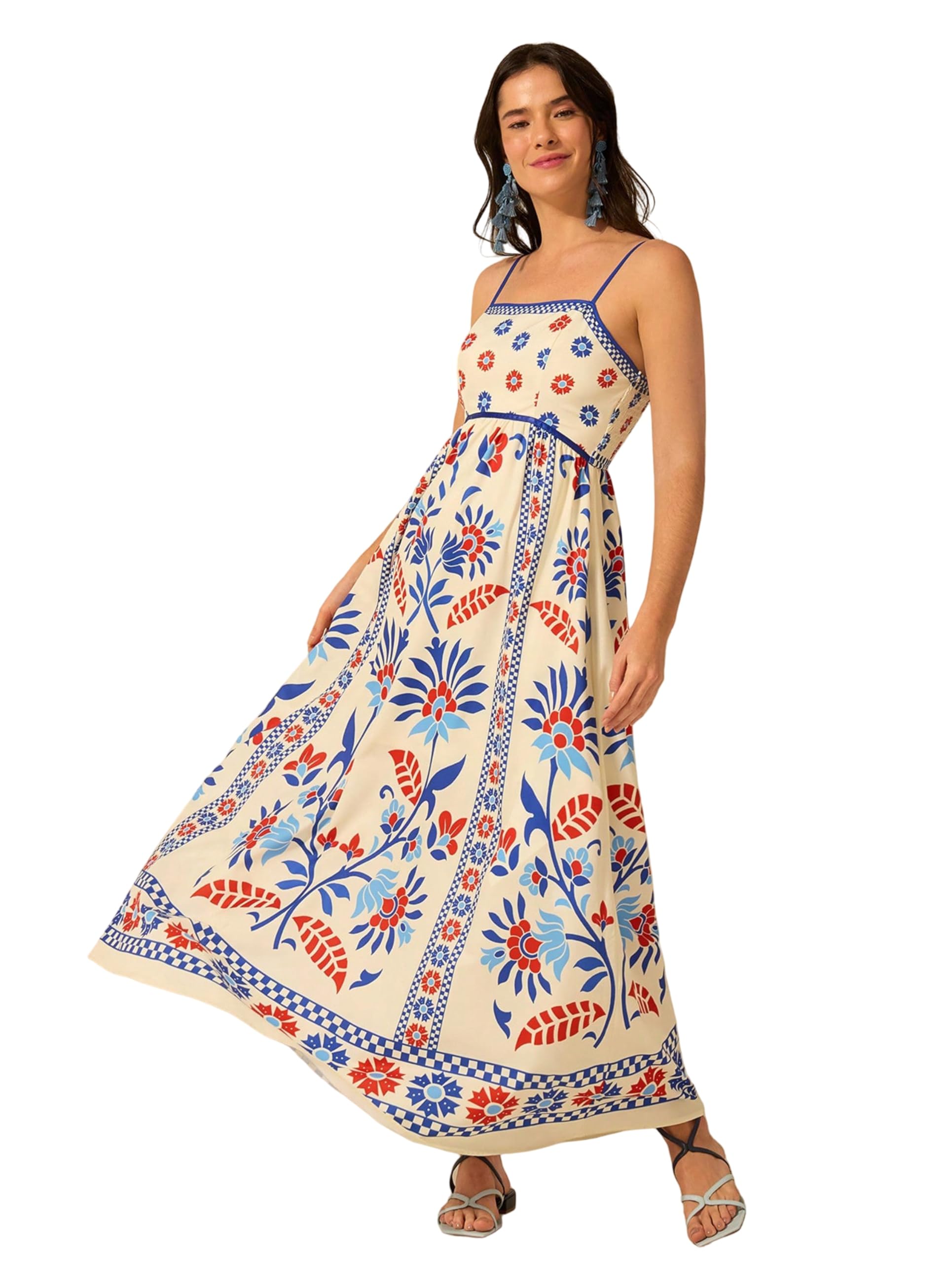 blackhatch Women’s Cream Maxi Dress with Floral Print|Sleeveless Spaghetti Strap Fit & Flare Long Dress|Fit & Flare Party & Casual Wear-picture-16