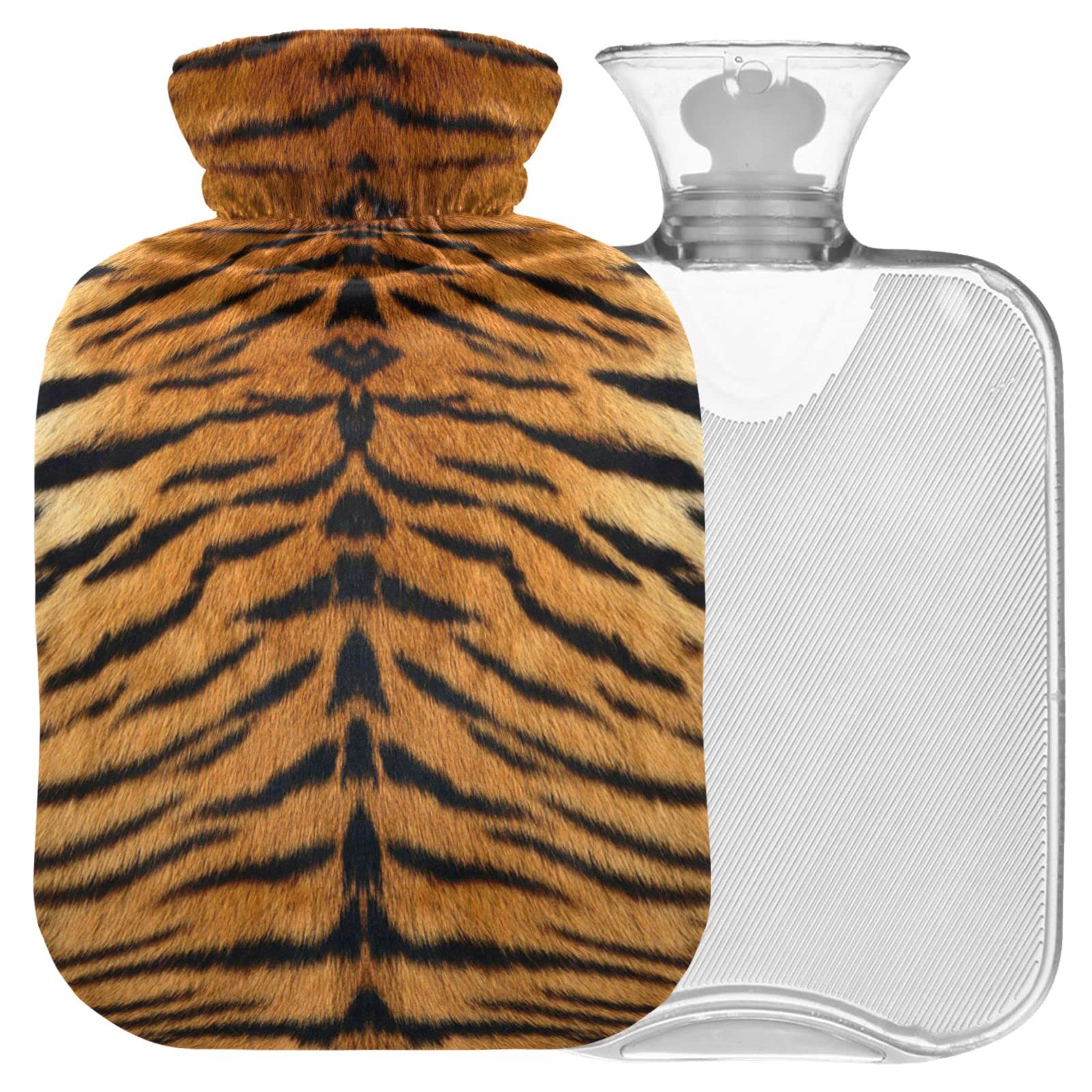 Naanle Hot Water Bottle with Cover Animal Print Tiger Transparent Warm Water Bottle Hot Water Bag for Bed Hand Feet Warmer Pain Relief Hot and Cold Therapy Capacity 2L Large