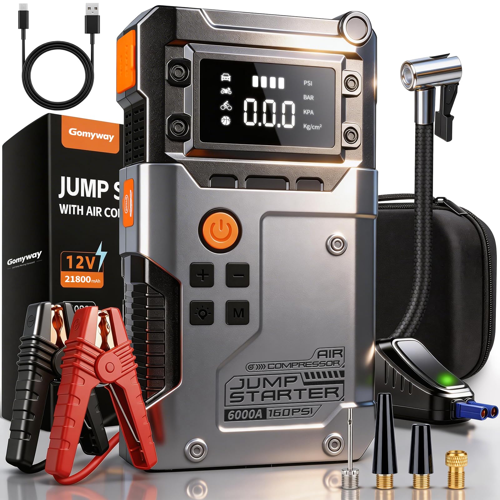 Avviatore Batteria Auto 6000A, Booster Avviatore Auto con Compressore 160PSI (per 12V 10.0L GAS e 8.0L DIESEL), Jump Starter 5V/3A,LED,Starter Batteria LCD,Avviatore Emergenza USB