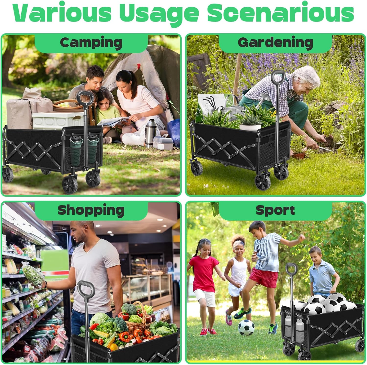 Collapsible Wagons carts Foldable Wagon, 280lbs Folding Wagon Cart with Wheels, Utility Camping Cart for Camping Picnic Grocery Sports Garden