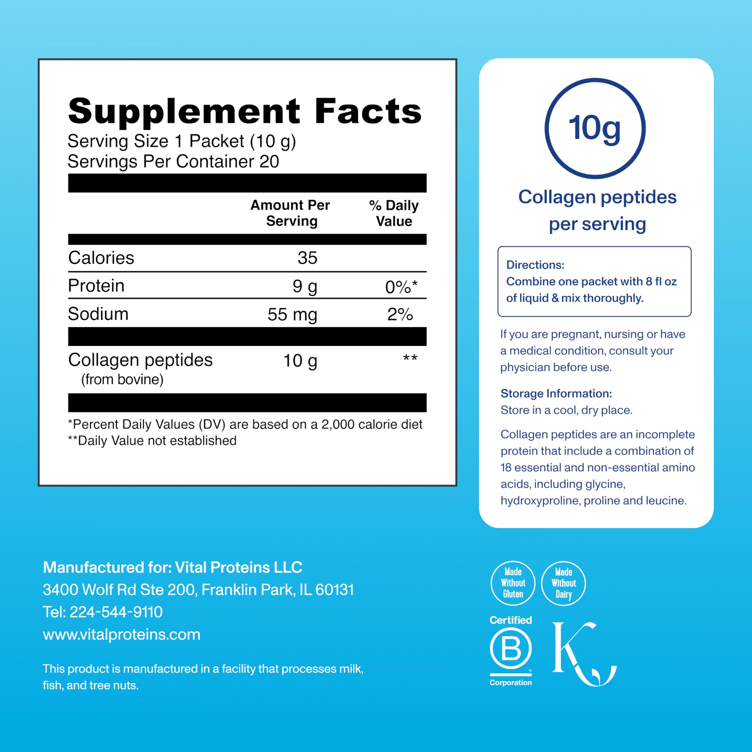 Vital Proteins Collagen Peptides Powder - Grass Fed Collagen Peptides for Hair, Nail, Skin, Bone & Joint Health, Unflavored, 27 Servings: Unflavored 20 Packets (Pack of 1)