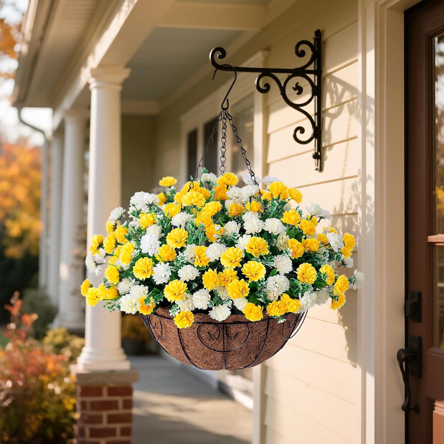 Artificial Hanging Flowers Basket for Spring Outdoors Decoration, Silk Mums Fake Flowers UV Resistant Look Real Daisy with Coconut Lining Baskets for Outside Porch Courtyard Decor(Yellow and White)