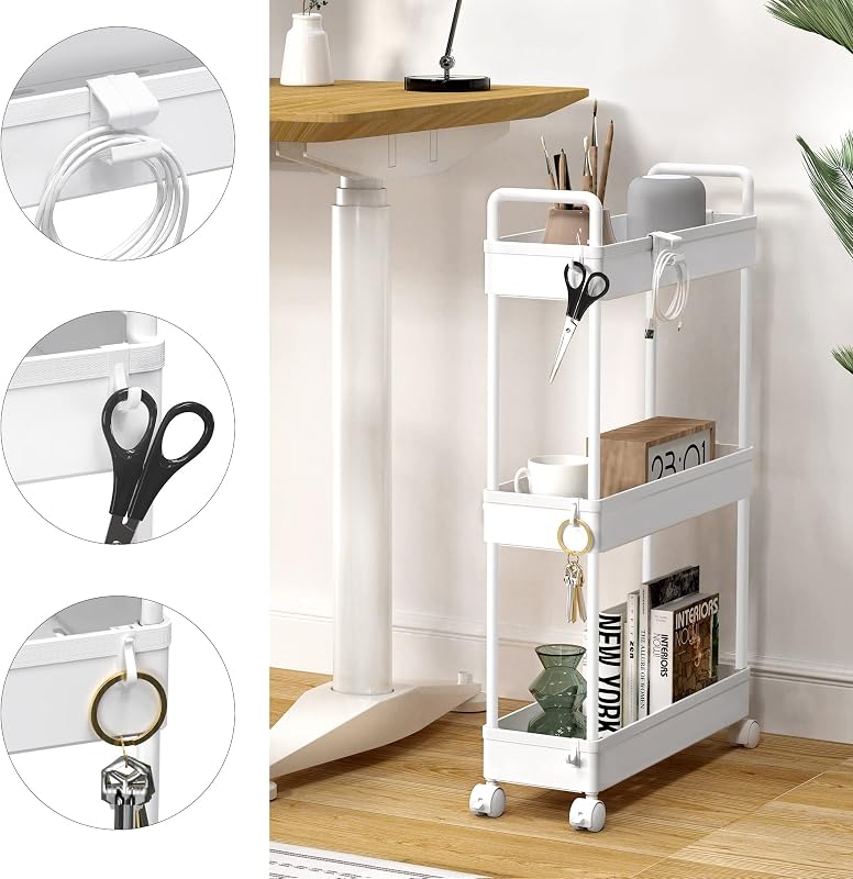 SOLEJAZZ Keskeny Konyhai Gurulós Polc 3 Szintes, Fehér Műanyag Tárolókocsi Fürdőszobába, Mosókonyhába, Hálószobába, Szűk Helyekre, 13x40x61