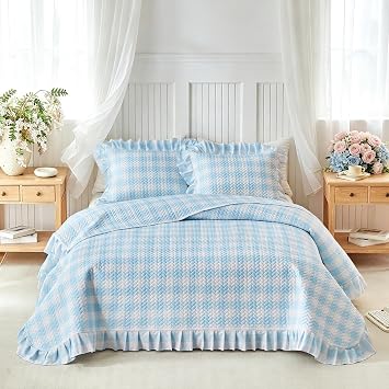 Joyreap 2pcs Ruffle Quilt Set Twin, Blue Gingham Plaid Ruffled Design for Girls, Soft Cozy Microfiber Farmhouse Bedspread Coverlet for All Season- 68x88 inches