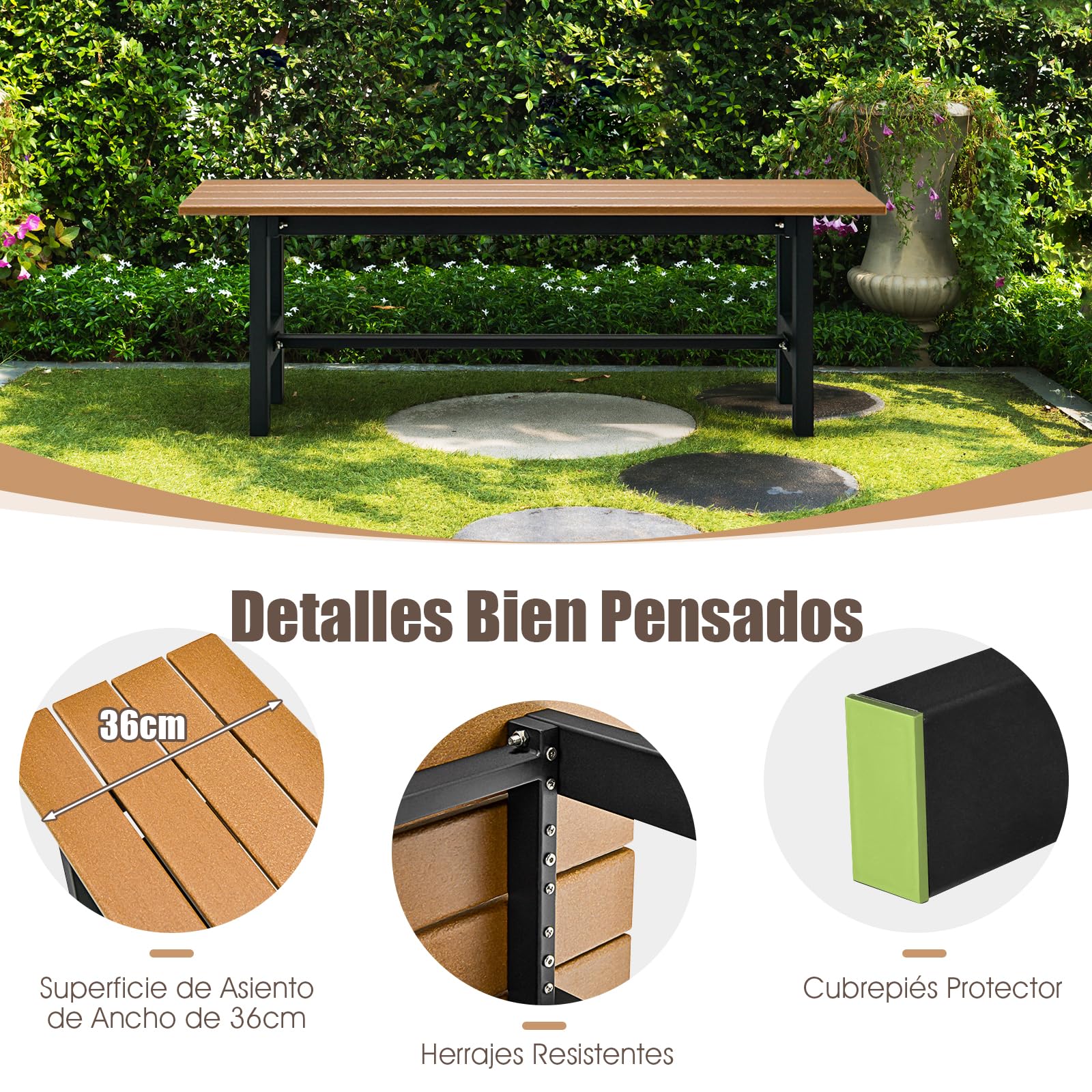 COSTWAY Banco Exterior de 2 Plazas, Banco Jardin Exterior Estructura Metal Revestido de Plástico, 120 x 36 x 40,5 cm, Carga 300kg, Terraza Jardin Interior Exterior (Brown)