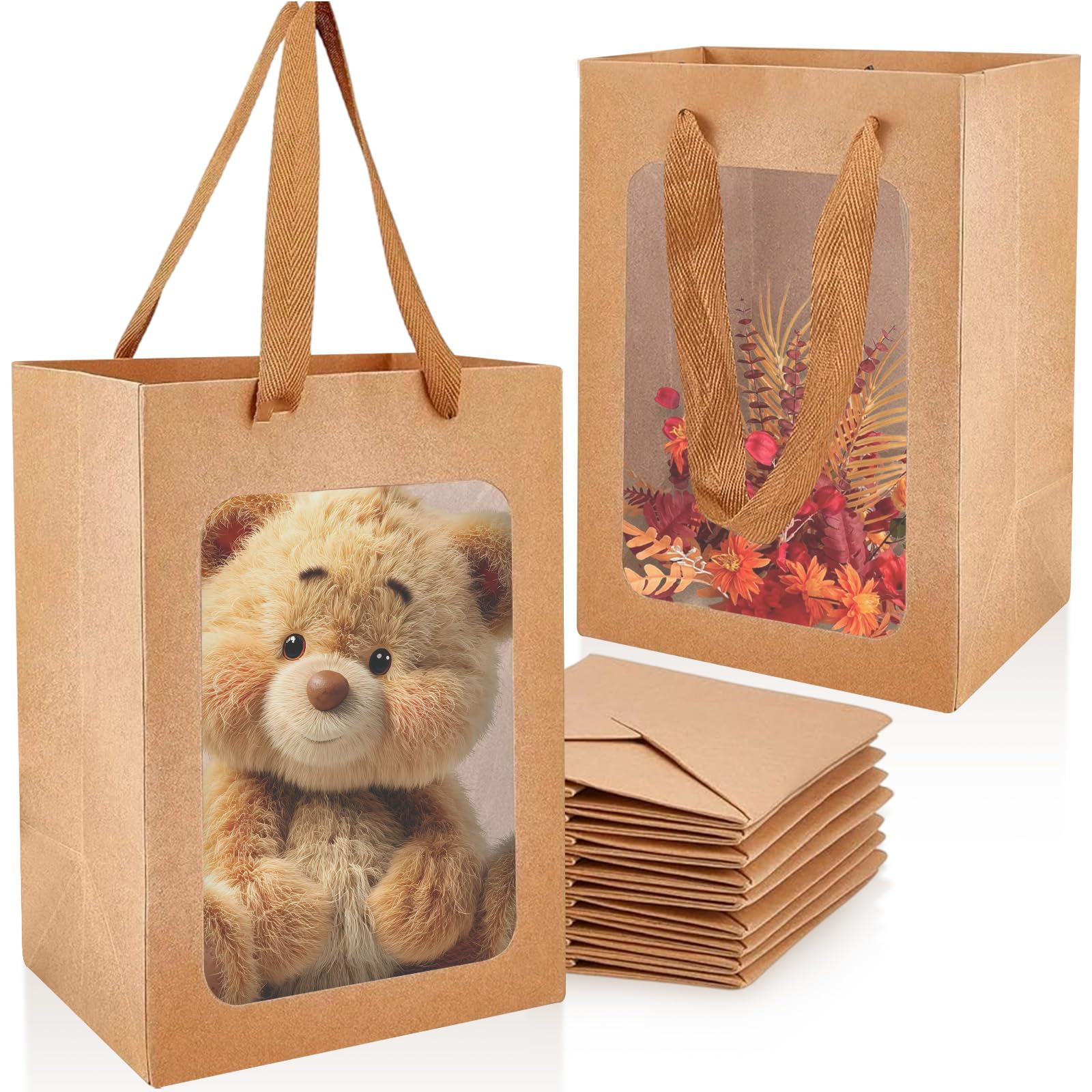 10 Pieces Brown Gift Bags with Handles & Clear Window, 18×13×25 cm Kraft Paper Gift Bag, Reusable Present Packing Bags, Candy Biscuits Flower Package Bag for Birthday, Parties, Wedding, Festival Party