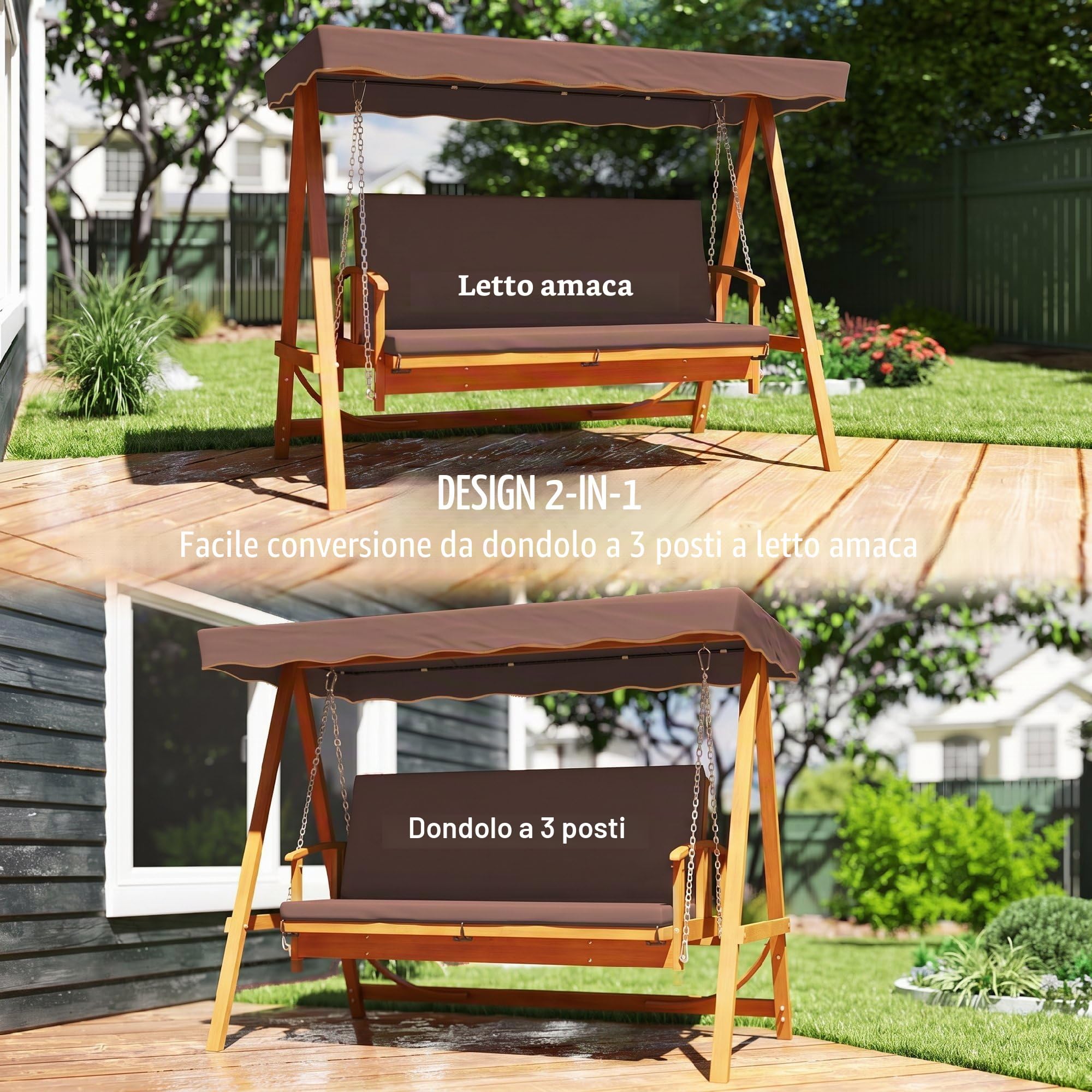 Outsunny Altalena da giardino 2 in 1 con funzione allungata, 3 posti, in legno, con tetto parasole, seduta, panca a dondolo fino a 330 kg, per giardino, terrazza, 236 x 130 x 181 cm, marrone