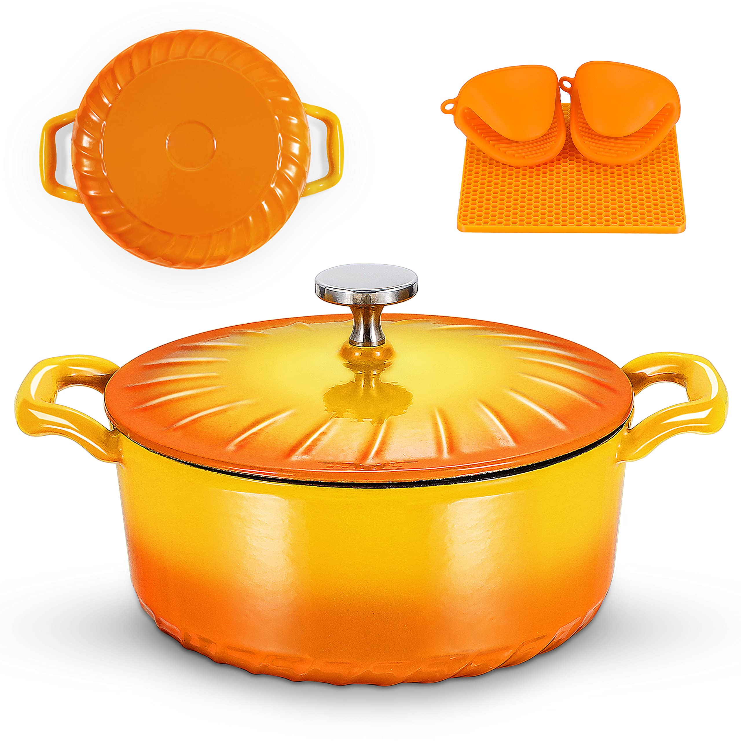 MGKKTEnameled Cast Iron Dutch Oven with Lid, Enamel Pot with Loop Handles, 3 Quart, Pumpkin