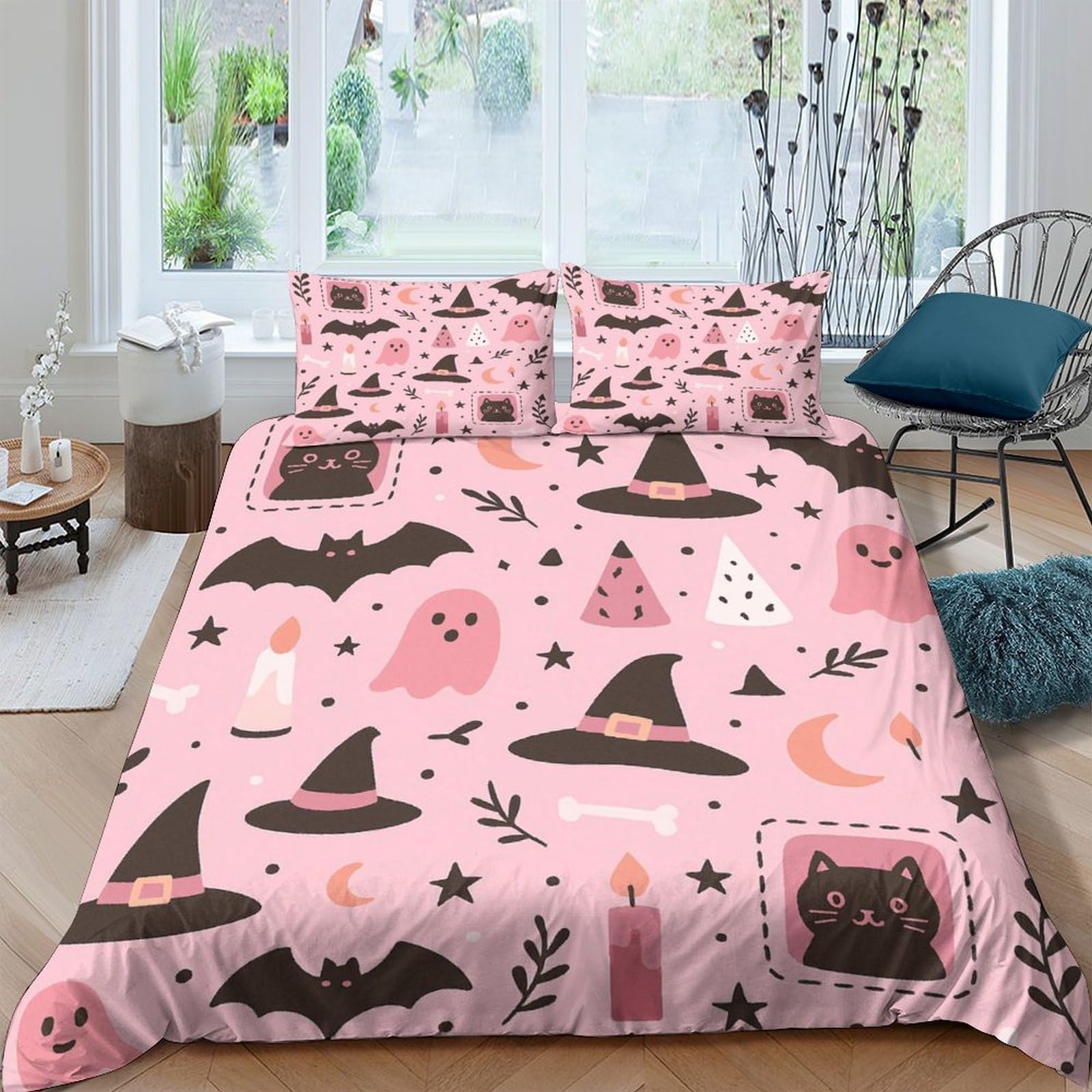 Ctjqhvkz Style-8 3D Printed Halloween Witch Hat Fitted Sheet Microfiber Pink Bat Ghost Bed Sheet For Bedroom Guest Room Decor Single（135X200cm）