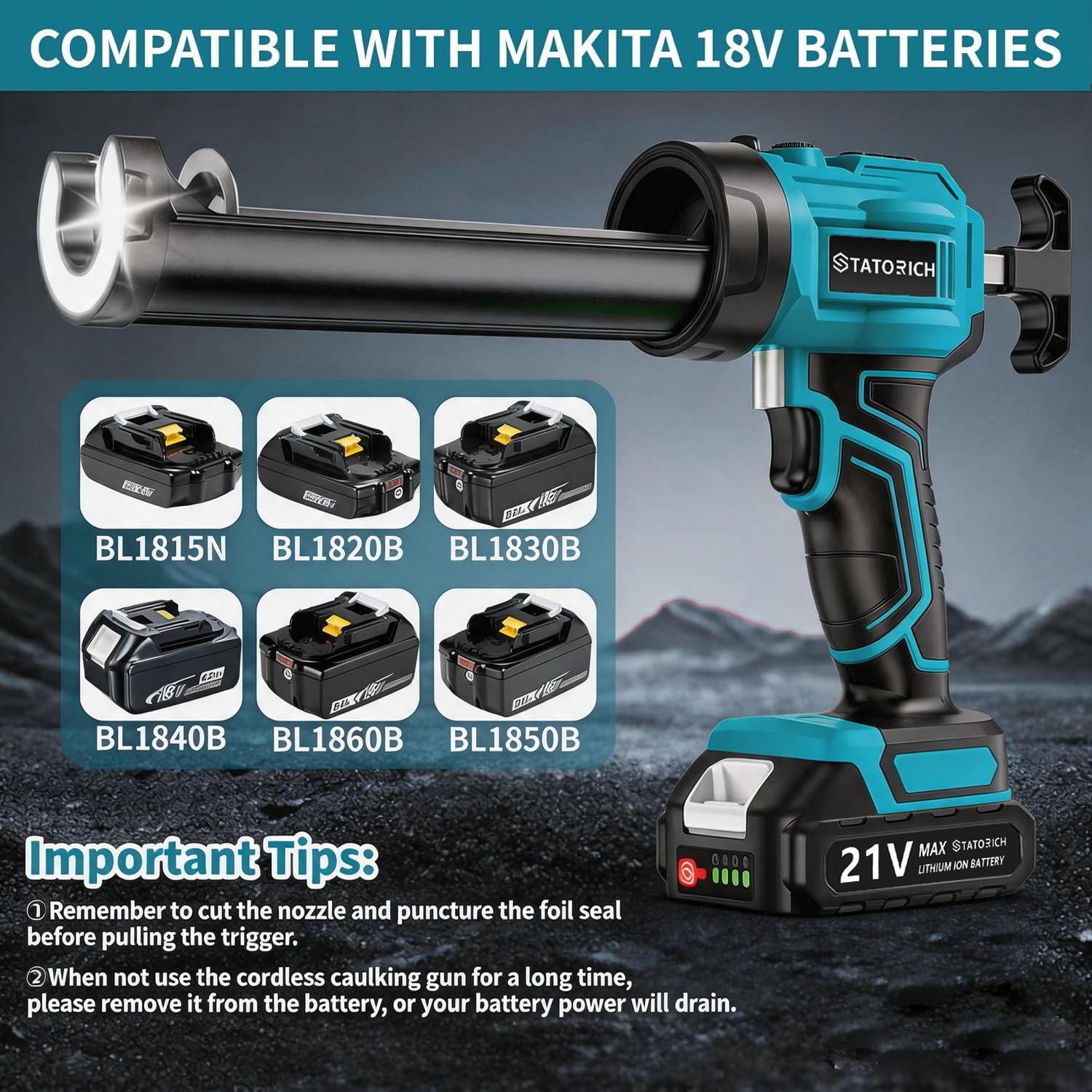 Pistola de calafateo inalámbrica compatible con Makita 18 V, aplicador de pistola selladora eléctrica de silicona con 2 baterías