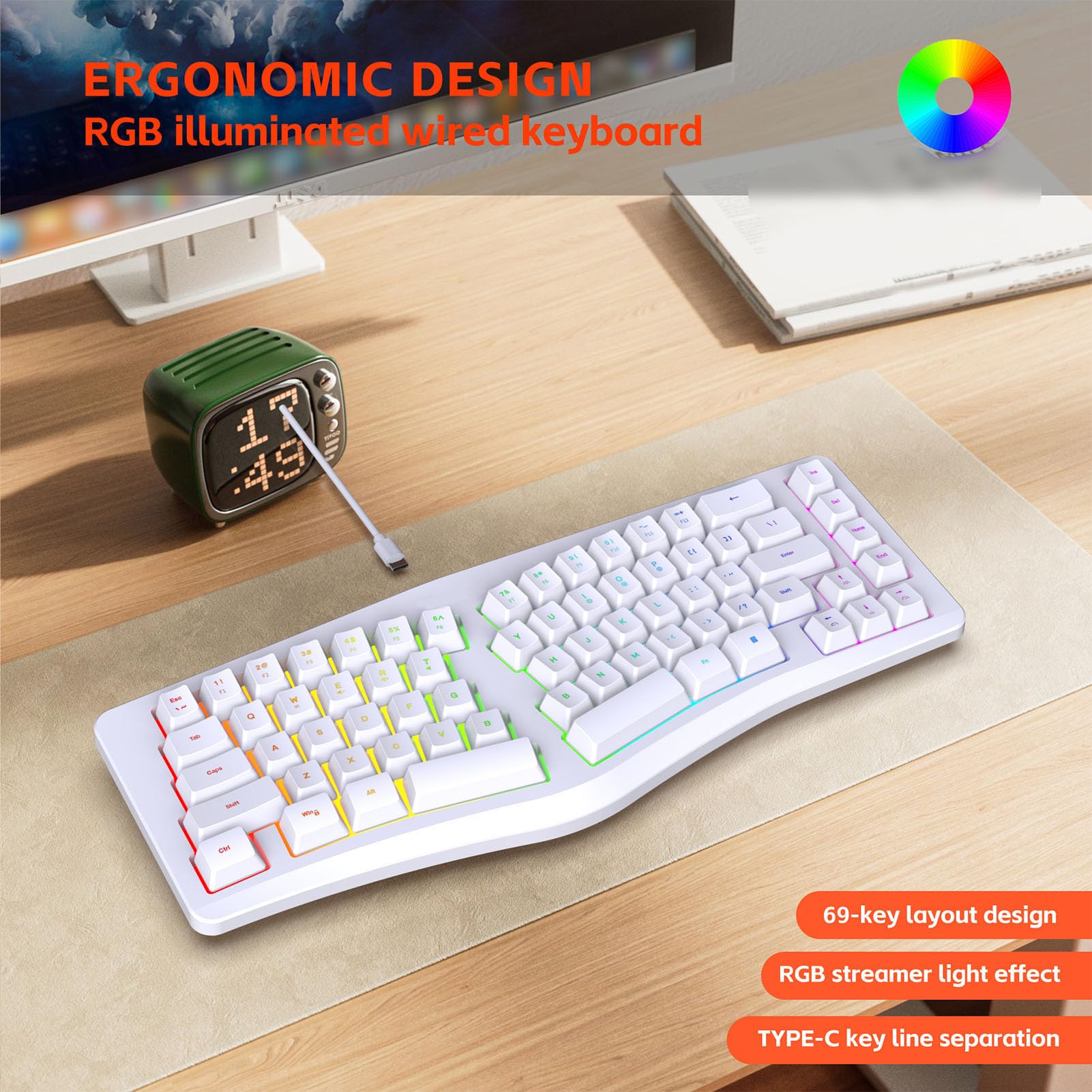 Annadue Tastiera ergonomica divisa a 69 tasti, 18 modalità RGB, USB C staccabile, tasti silenziosi, tastiera compatta cablata per/per Linux (ufficio/gioco/casa) (bianco)