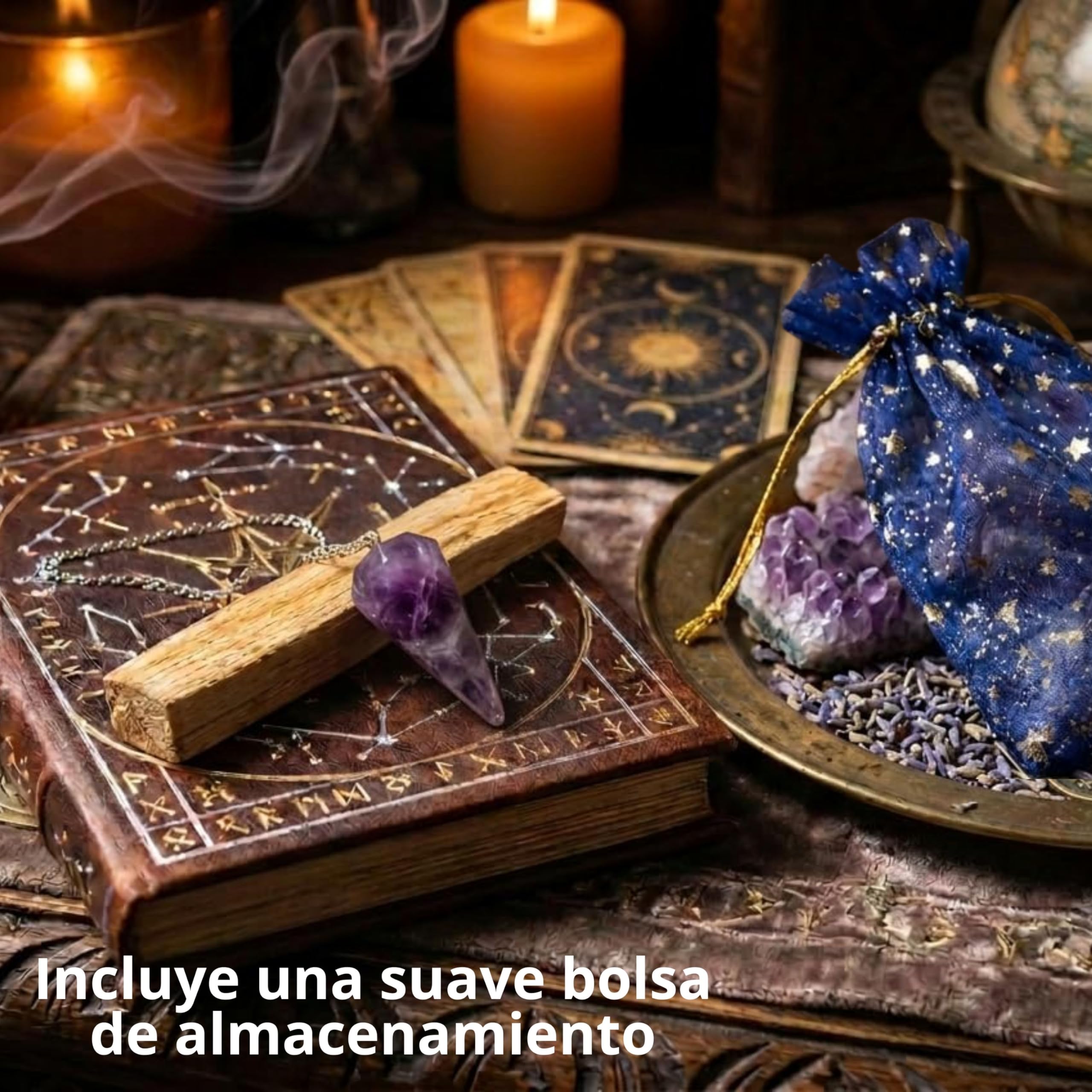 Péndulo Adivinación Amatista Natural +1 Palo Santo + Bolsa de Almacenamiento | Herramienta de Radiestesia y Meditación para Tarot, Reiki y Sanación Espiritual | Cristal Auténtico
