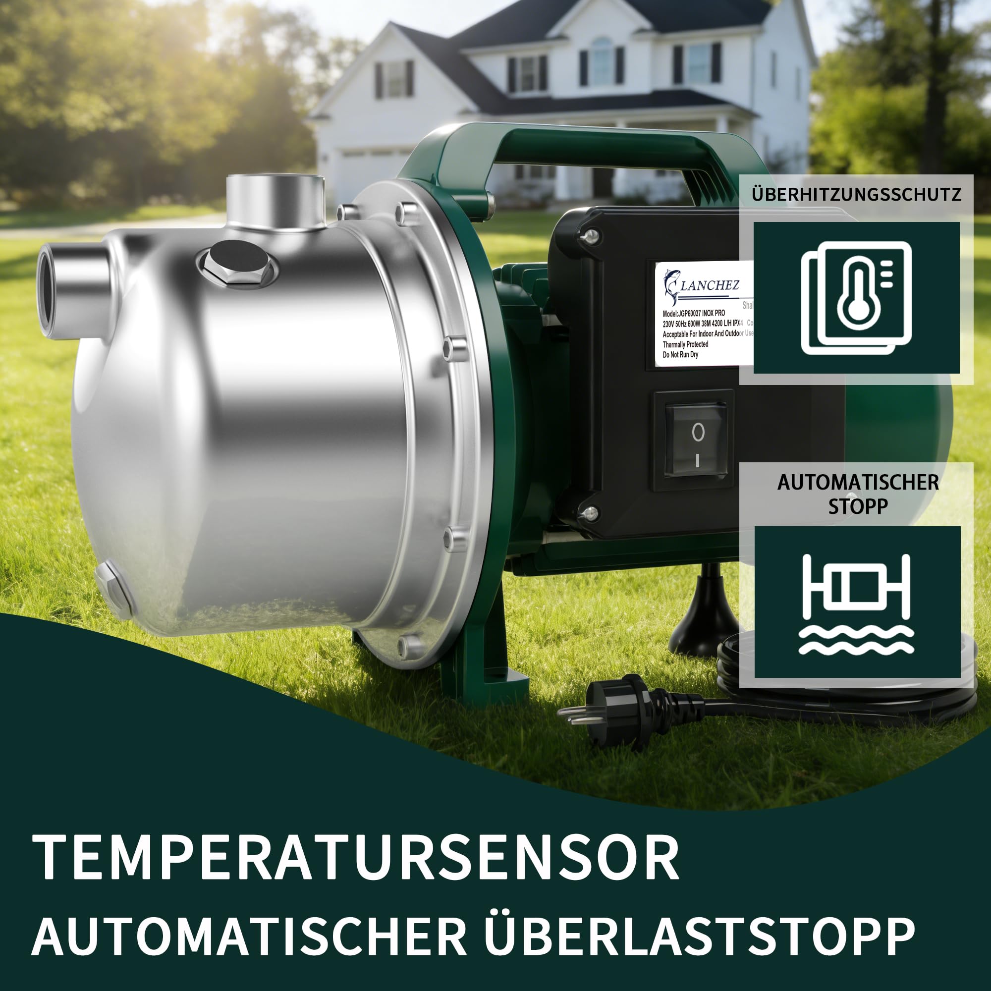 LANCHEZ Gartenpumpe 4200 l/h Fördermenge, Leistung 600 W, 38m Förderhöhe, Ansaughöhe bis zu 7 m, Wasserpumpe für Regenfässer, Zisternen, Gartenteiche