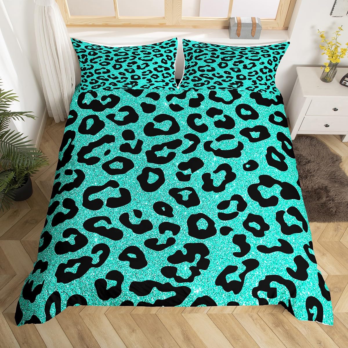 Castle Fairy Safari Animal Fur Print Duvet Cover Set Toddler Size,Green Leopard Glitter Print Bedding Set,Cheetah Wildlife Skin Quilt Cover for Kids,Comforter Cover(No Filler),2 Pcs