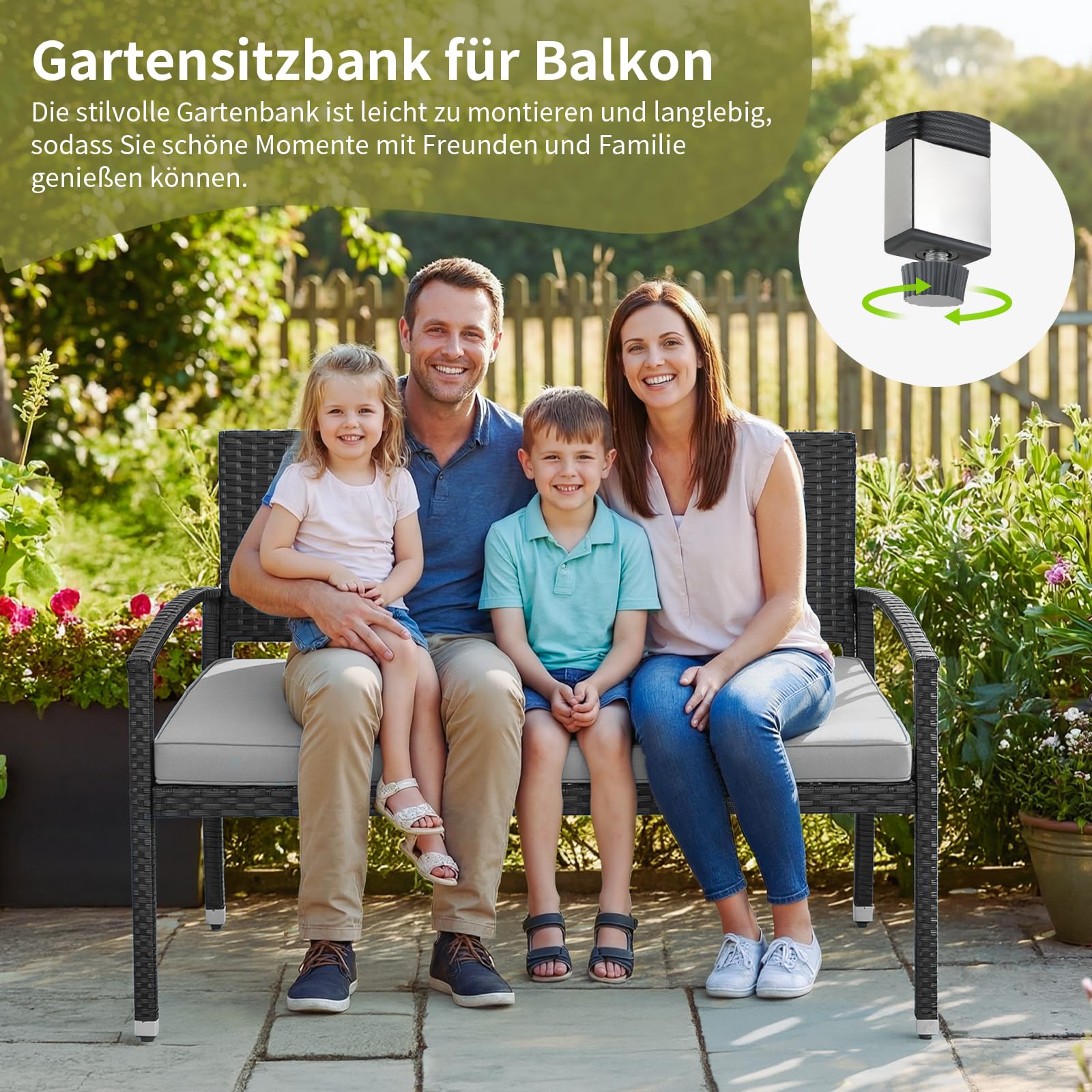 LIFERUN Gartenbank Wetterfest mit Sitzkissen, 2 Sitzer Polyrattan Sitzbank, 320kg Belastbar, Gemütliche Gartenmöbel Bank Outdoor, 122x60x90cm, Balkonbank für Kleinen Balkon, Garten, Terrasse, Schwarz