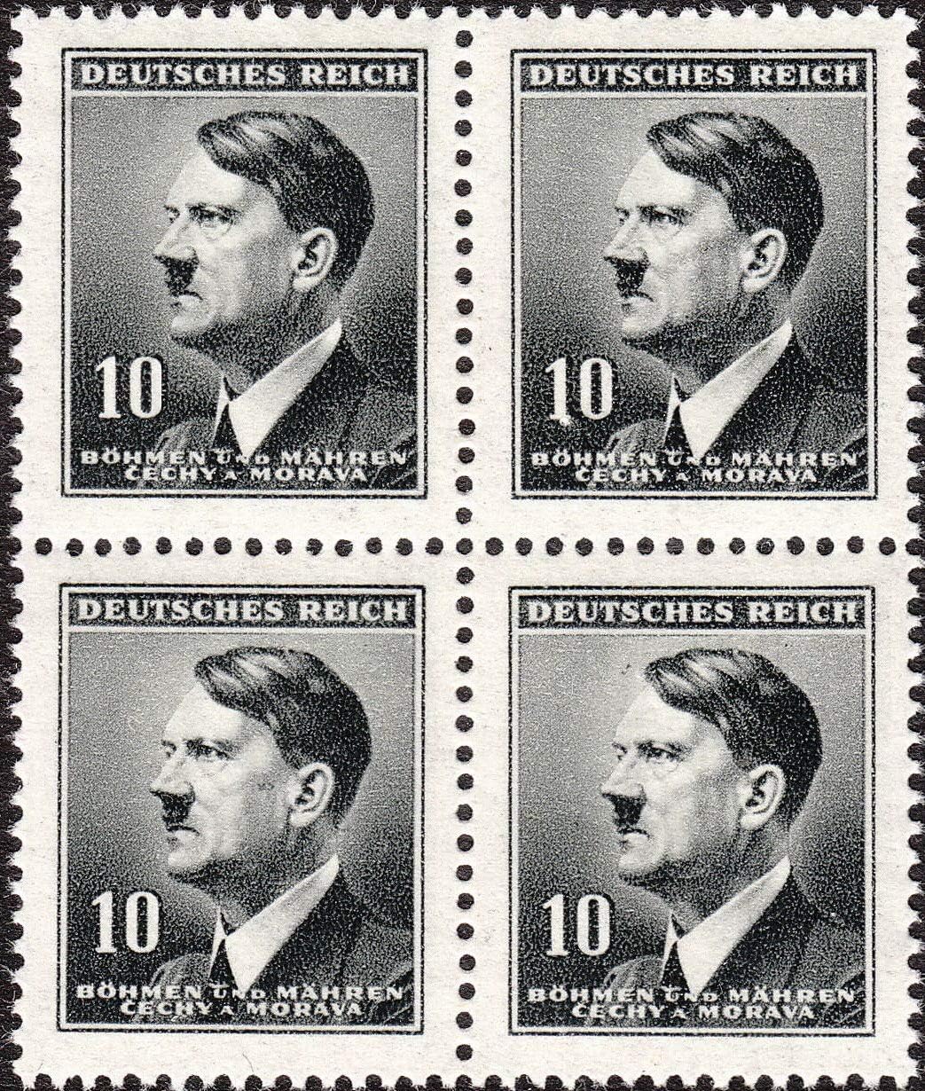 Bohemia and Moravia 1942 German Occupation 10h Adolf Hitler Block of 4 Postage Stamps, Catalog No 62
