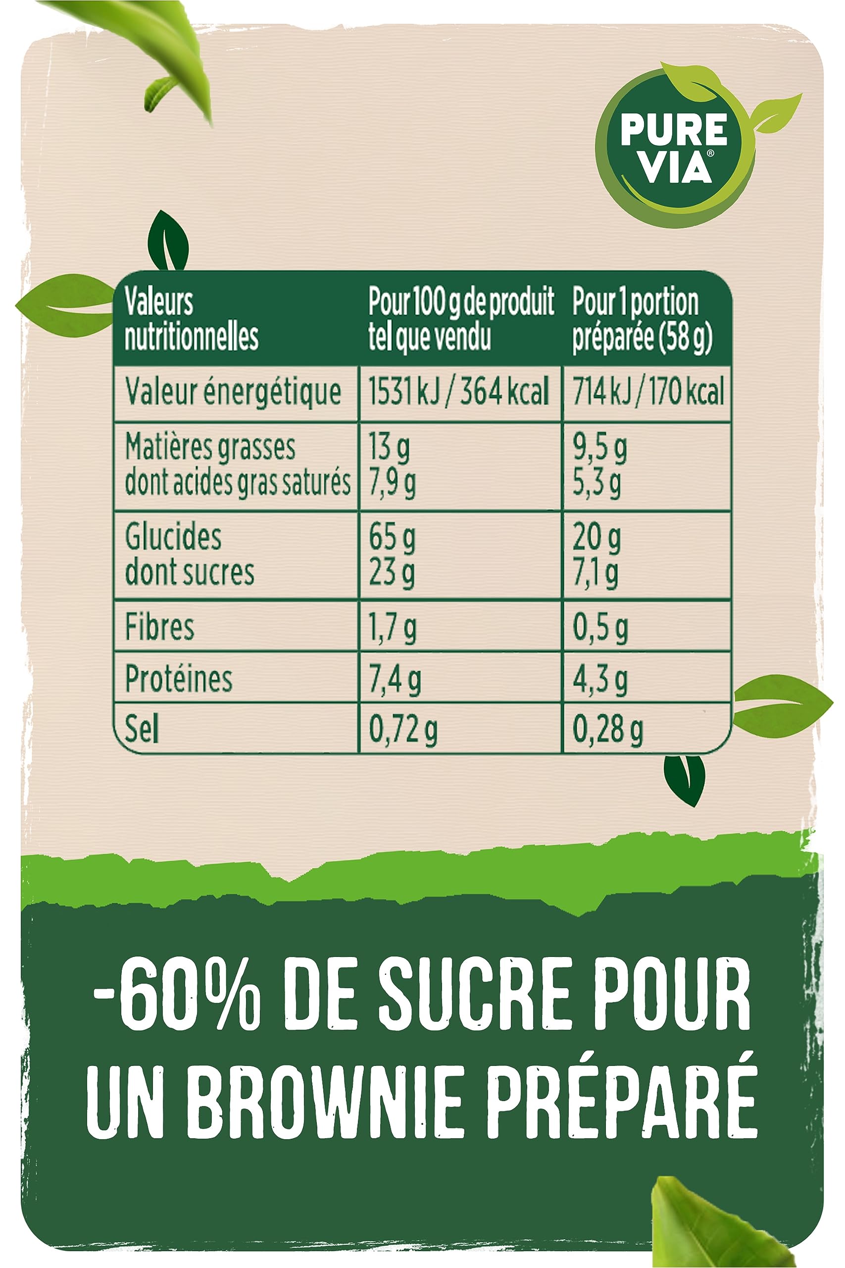 Pure Via - Préparation pour Brownie - Moins 60% de sucre - 337g